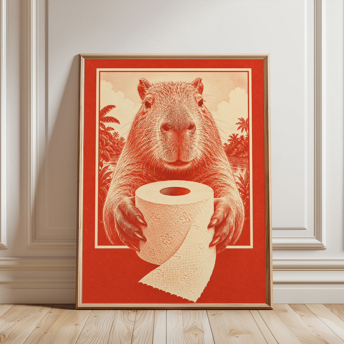 Capybara Wall Art: Quirky Retro Animal Print (Bathroom Decor) - framed detail