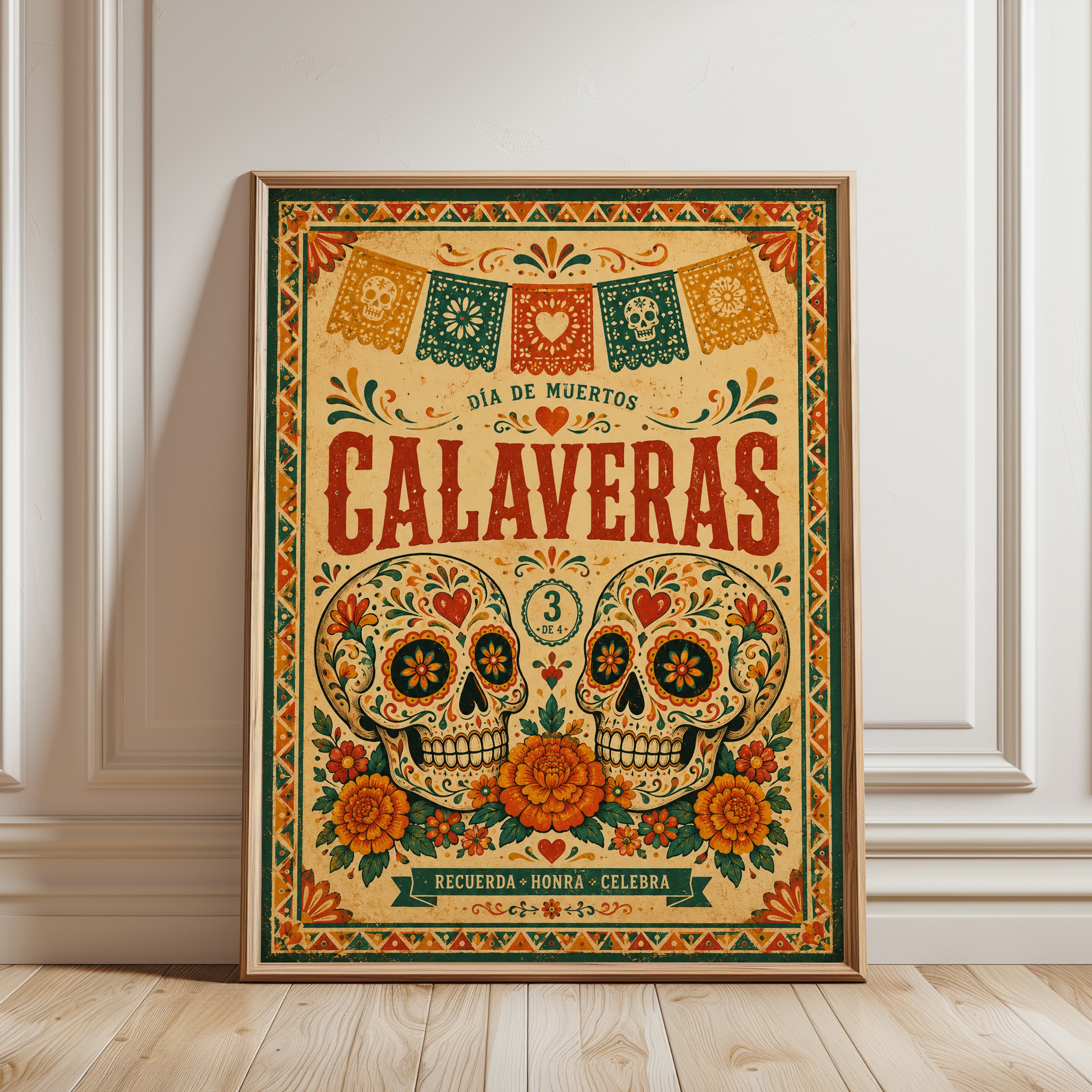 Dia de Muertos Calaveras Print - framed detail