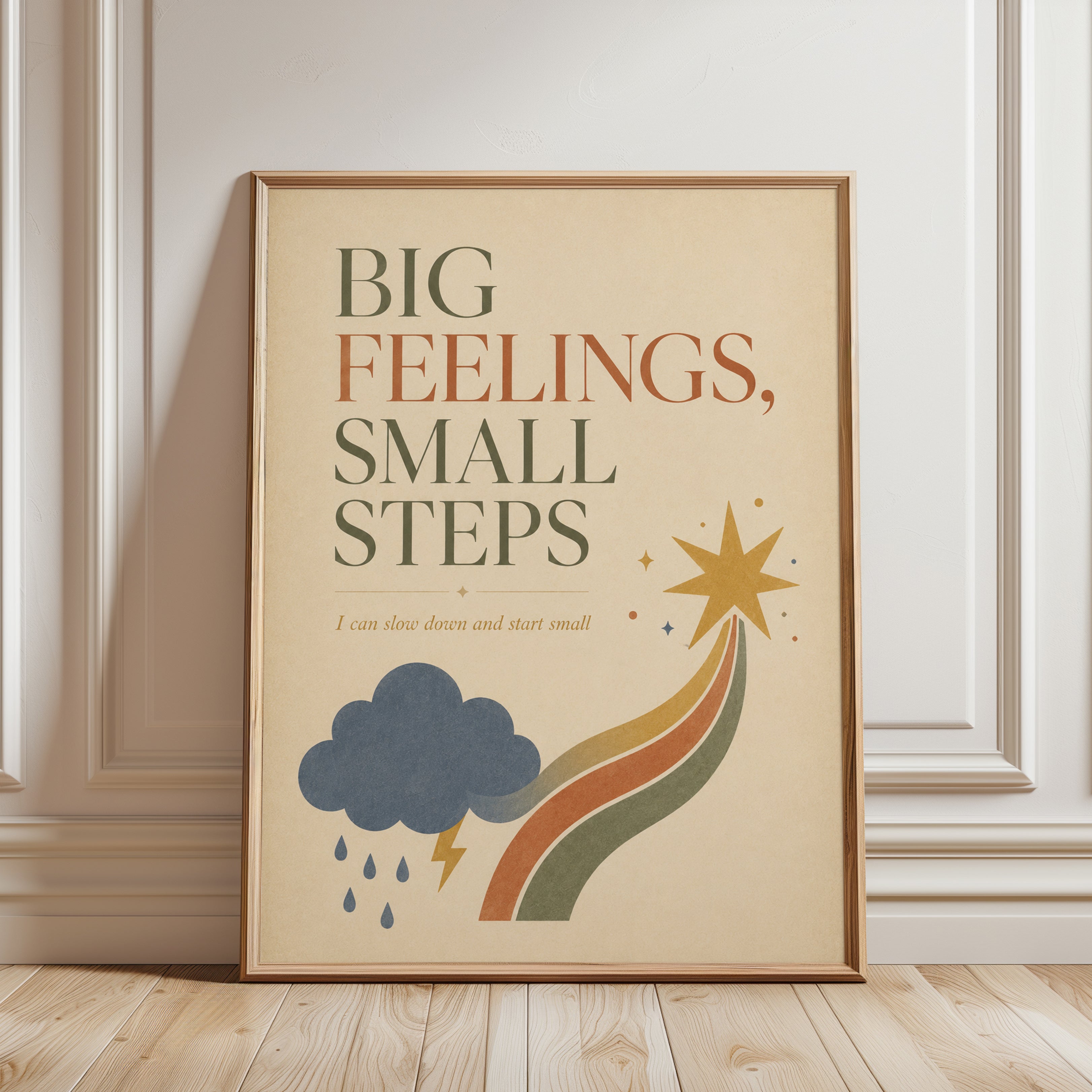 Big Feelings Small Steps Print: Retro Motivational Wall Art - framed detail