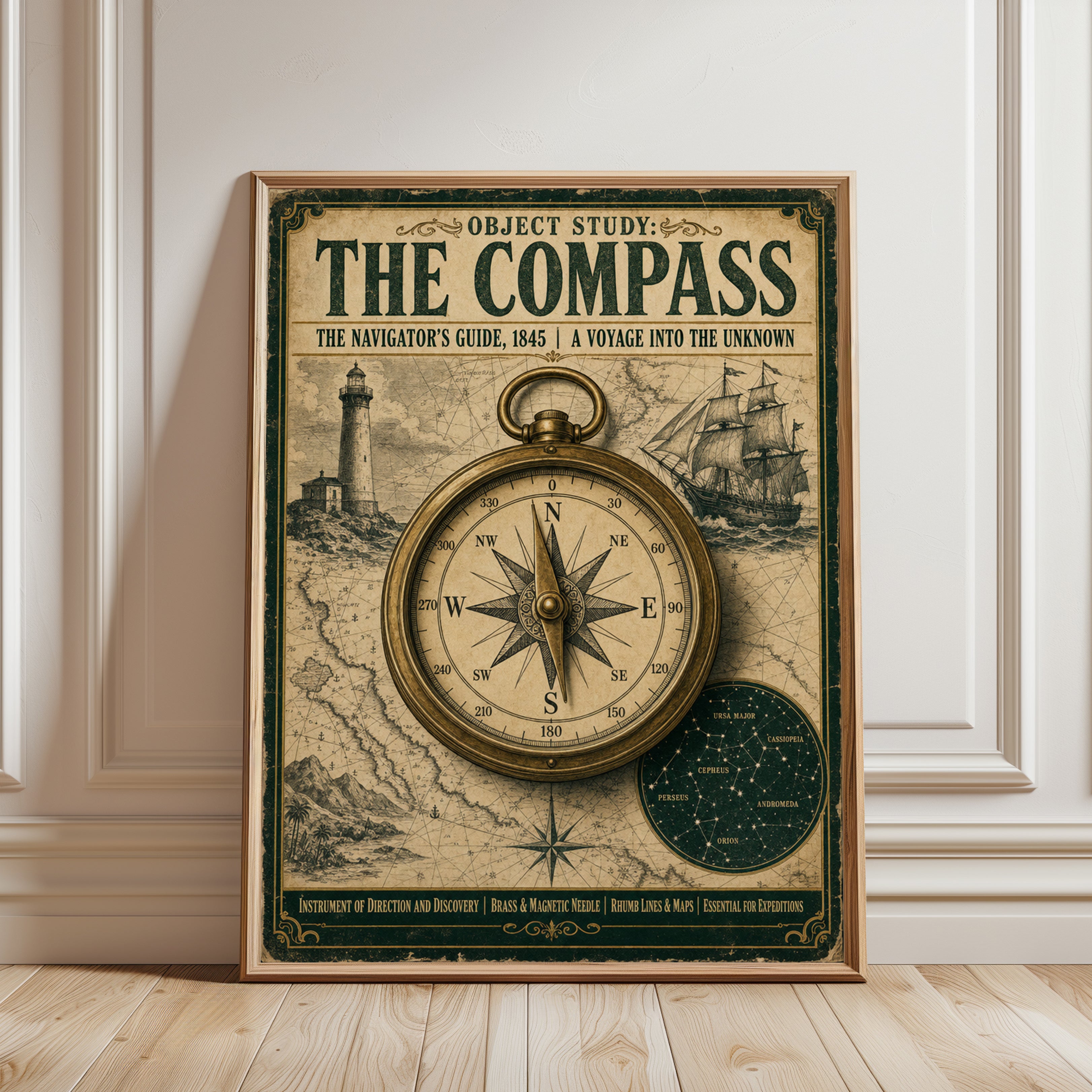 Vintage Compass Print — Antique Navigator's Guide 1845 - framed detail