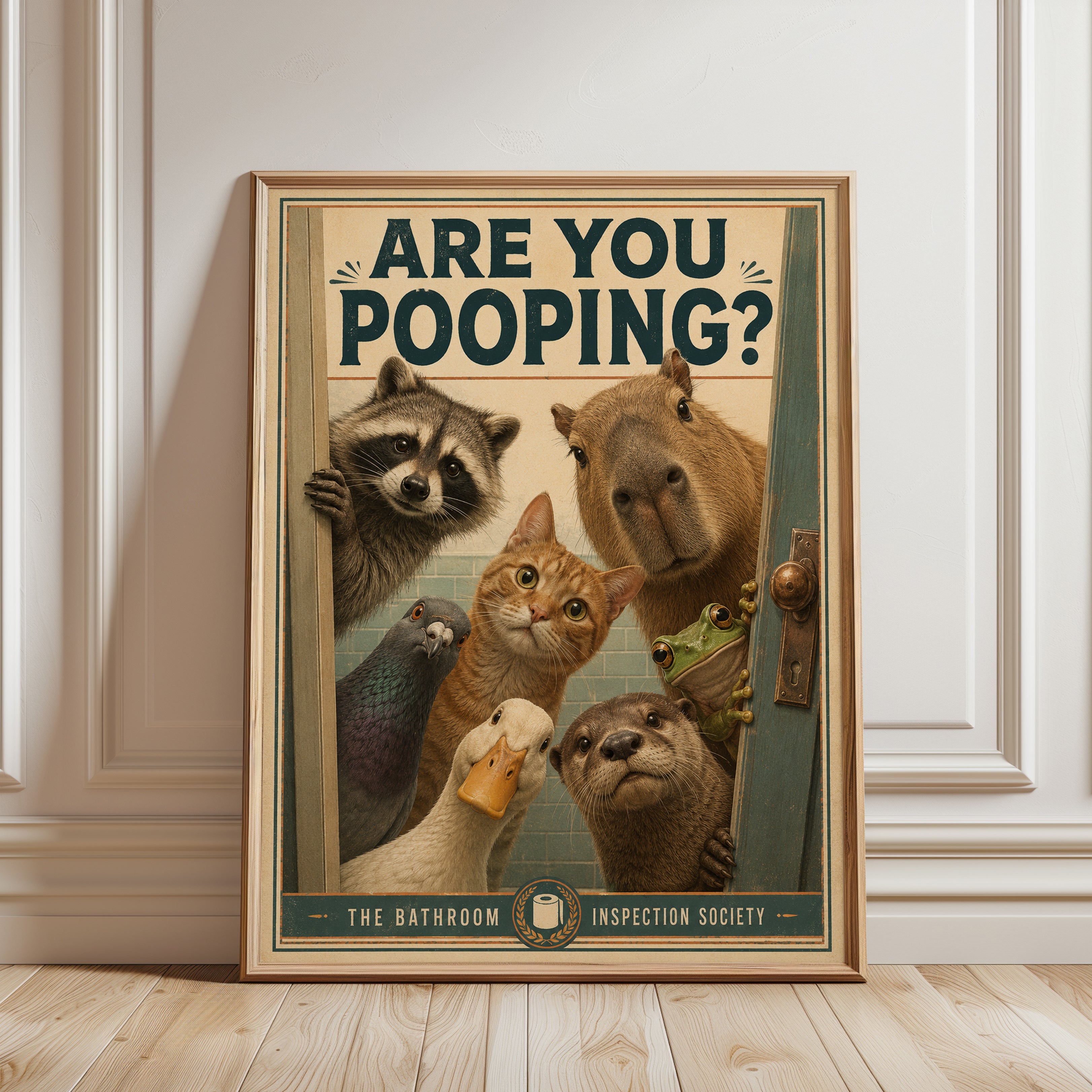 Bathroom Decor Print: Quirky Animal Artwork (Vintage Style) - framed detail
