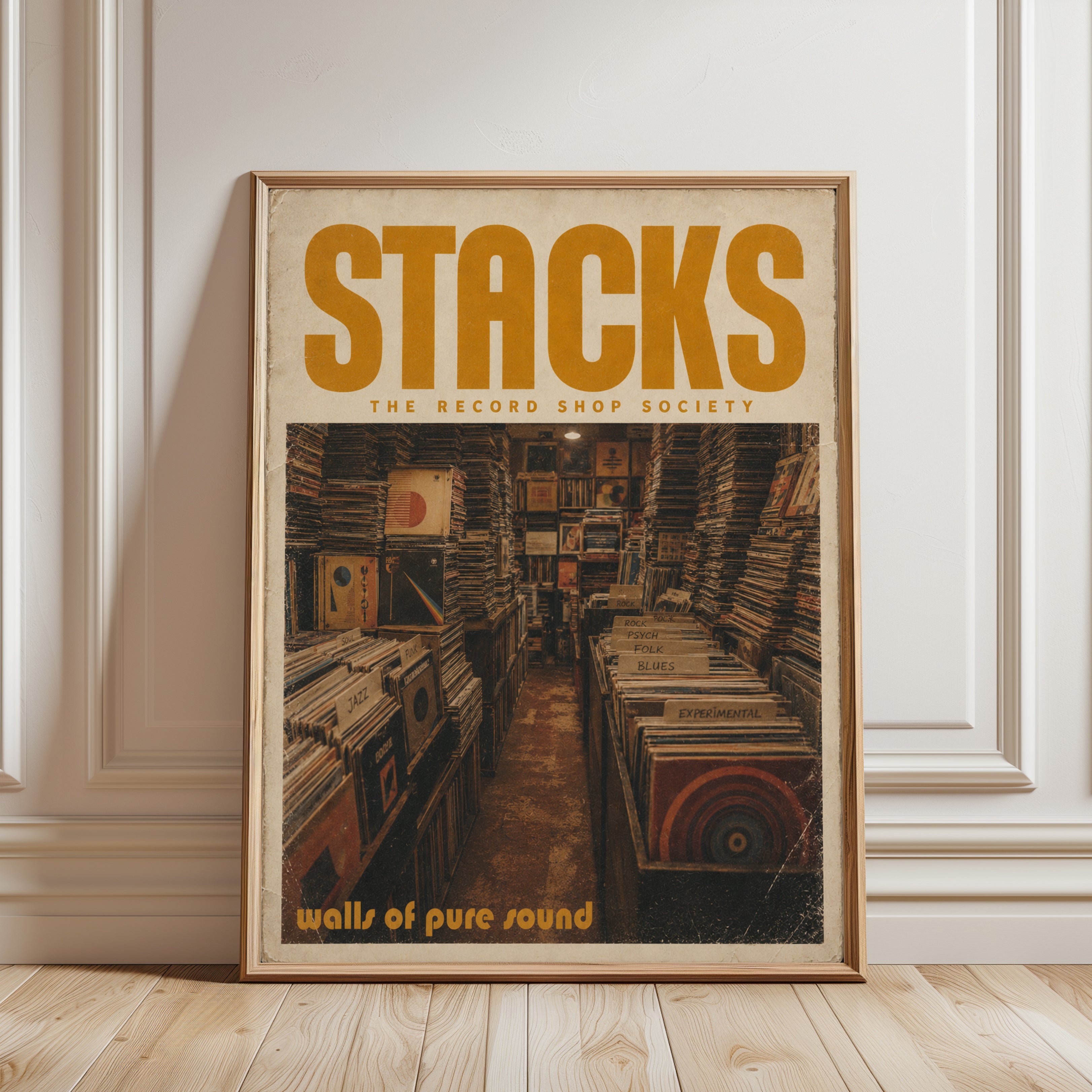 Vintage Record Shop Poster — Retro Music Store Wall Art - framed detail