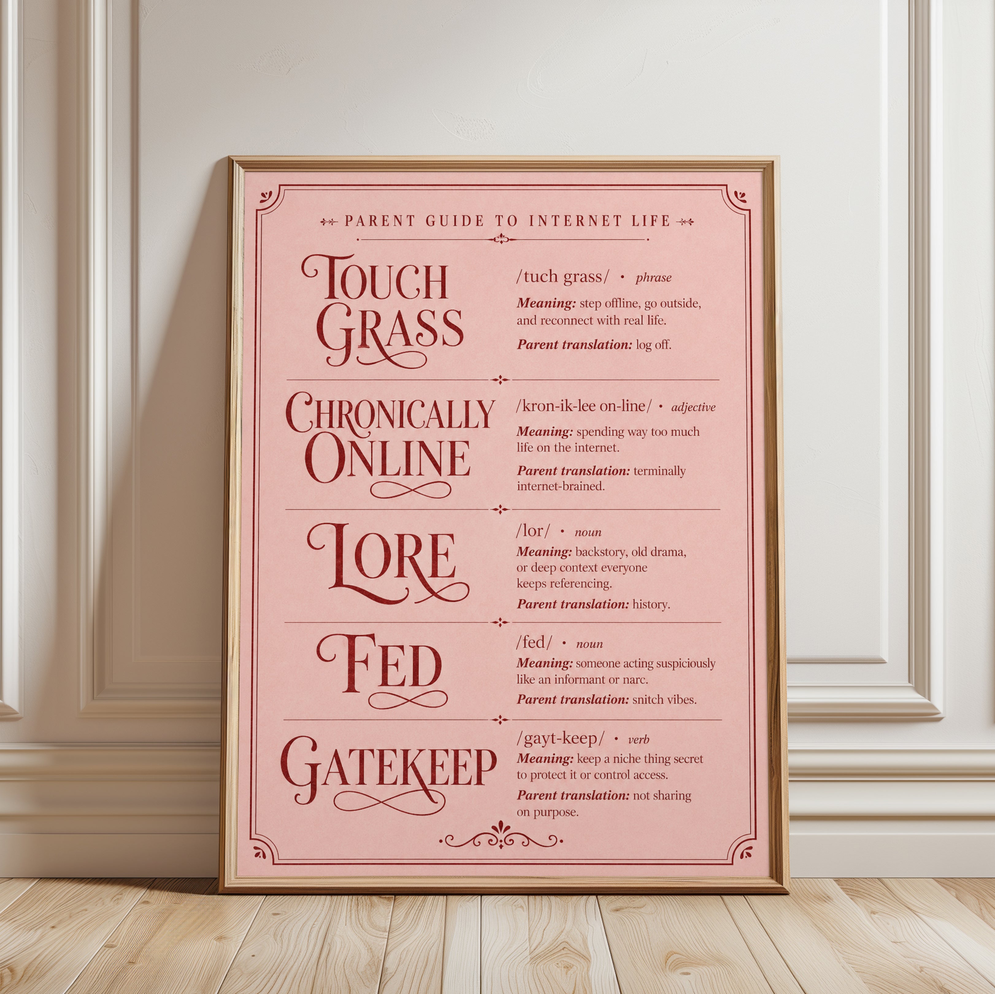 Internet Slang Dictionary Poster: Vintage Pink Typography Print - framed detail