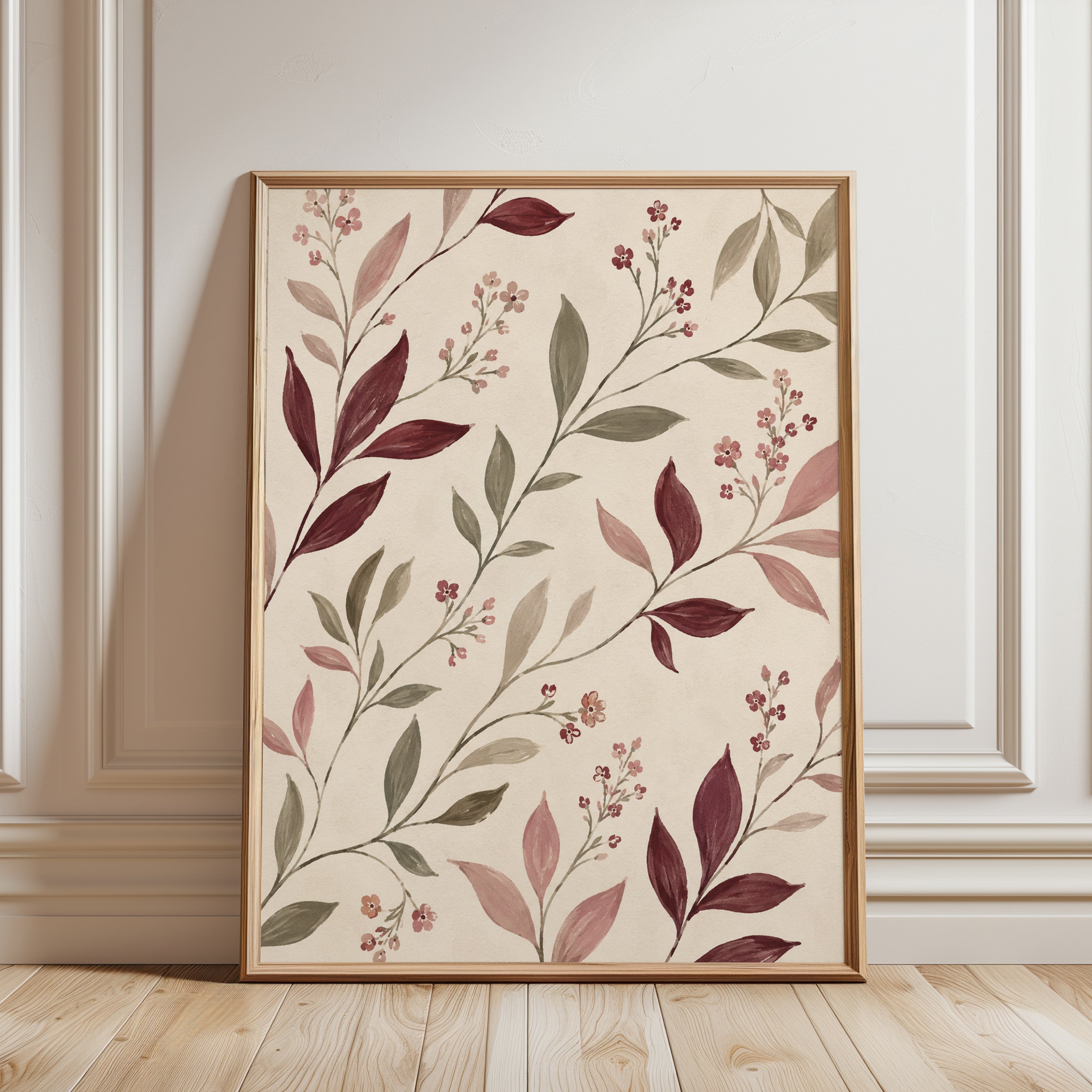Botanical Leaf Print – Burgundy Wall Art - framed detail