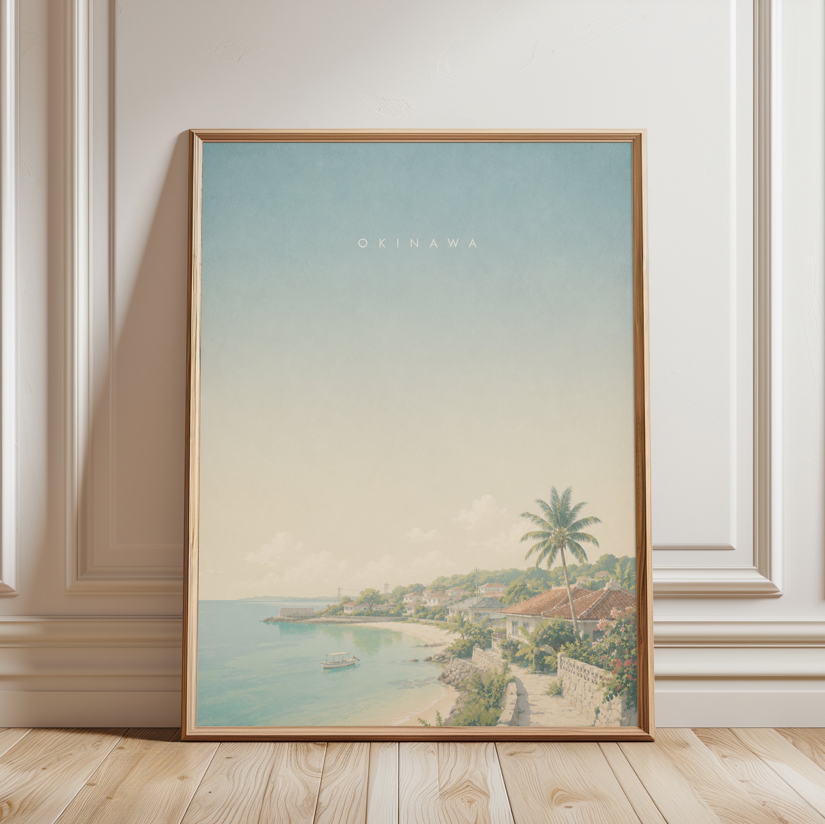 Okinawa Coastal Village Print: Pastel Tropical Beach Art - framed detail