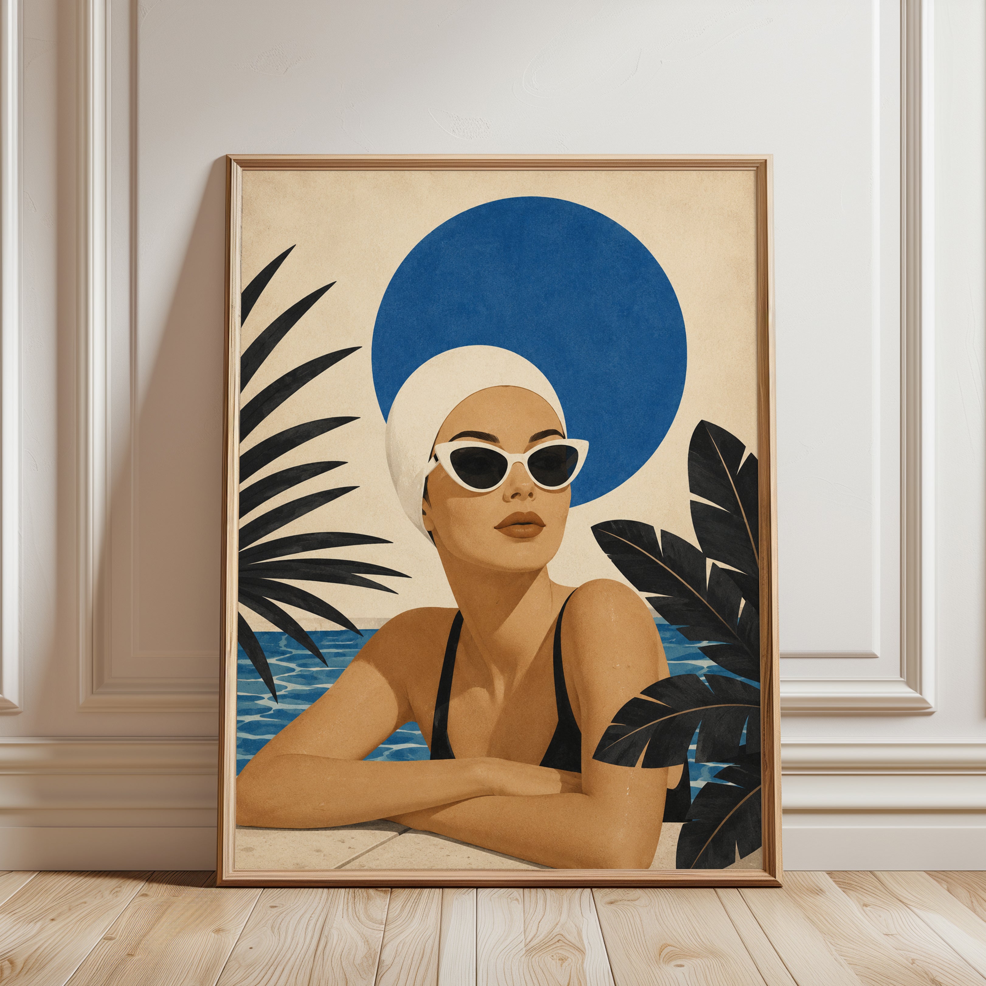Poolside Woman Print – Retro Summer Wall Art - framed detail