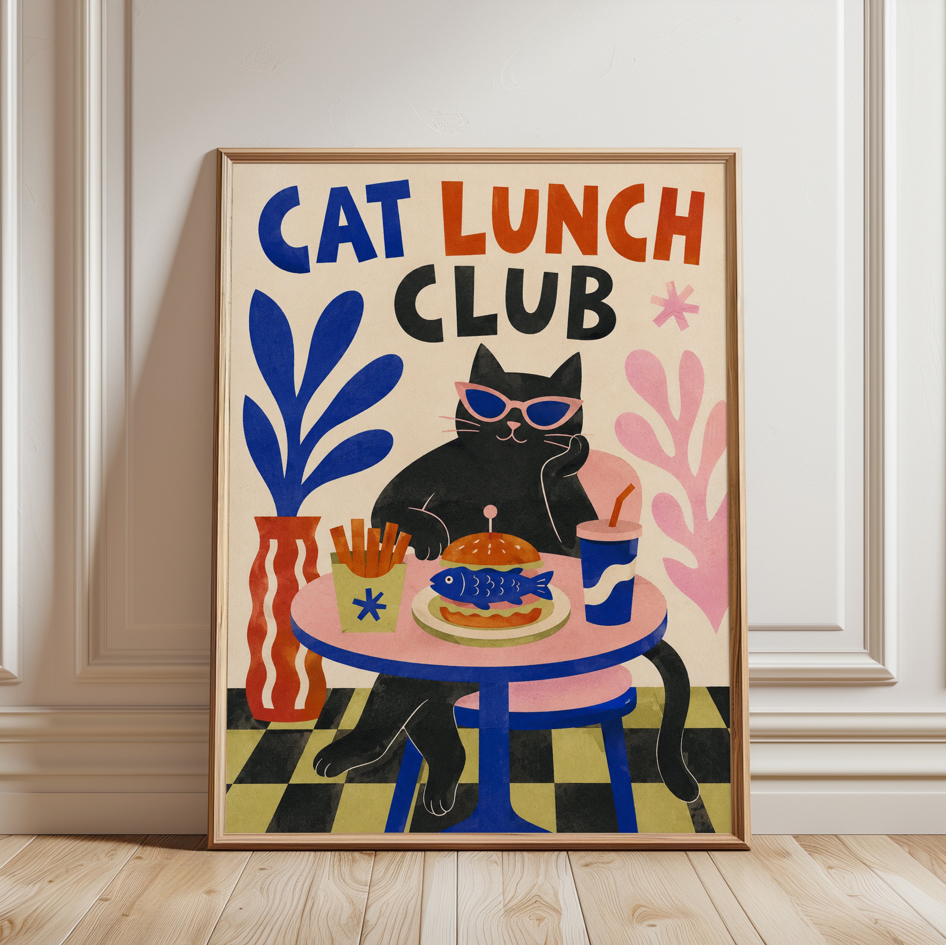 Cat Kitchen Wall Art – Retro Cat Print - framed detail