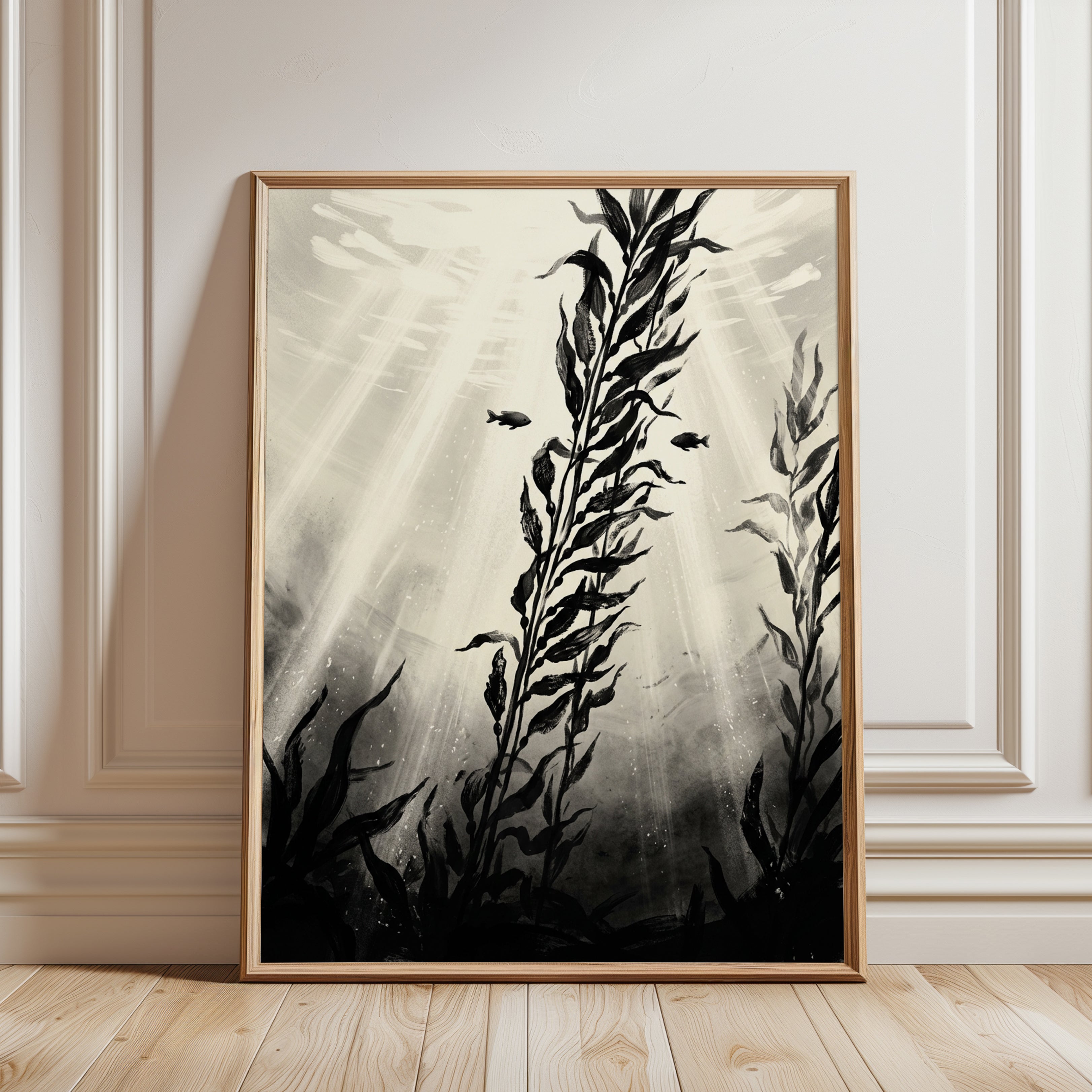 Underwater Kelp Forest Art Print: Black and White Ocean Scene - framed detail