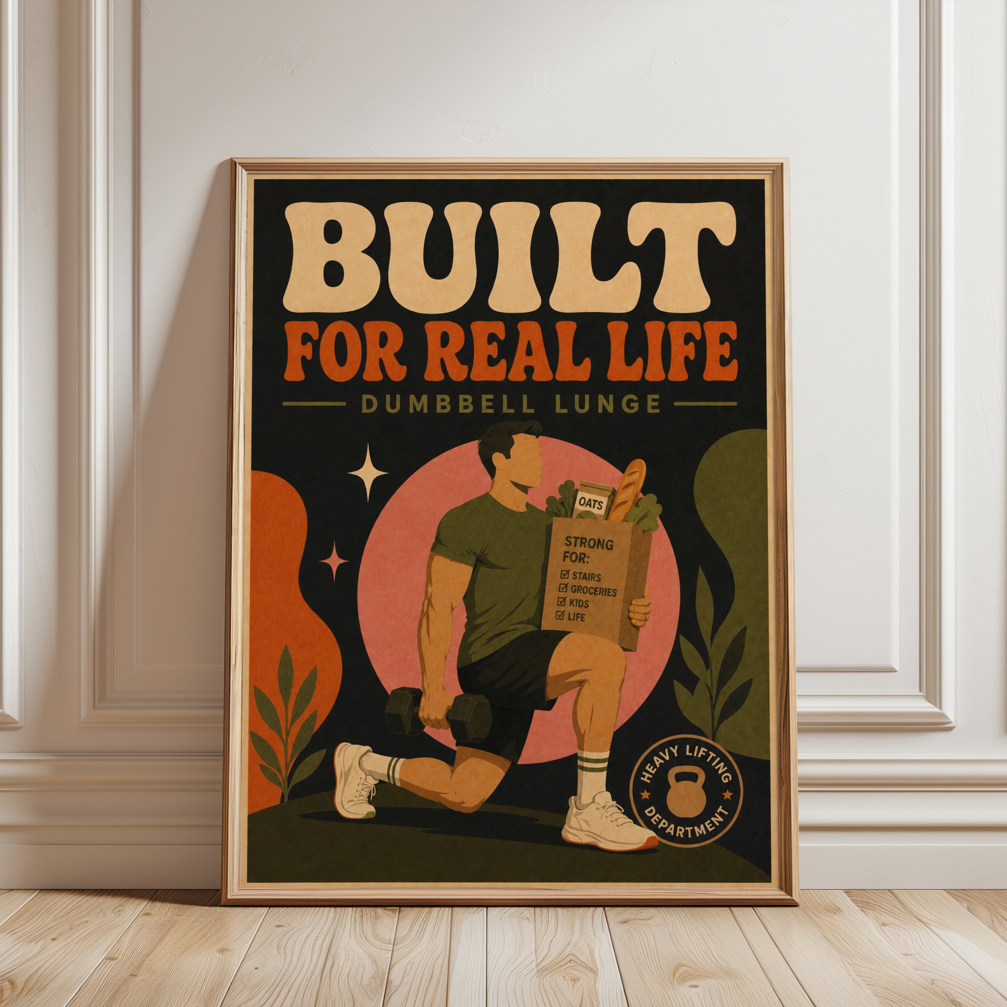 Retro Fitness Motivation Poster: Built for Real Life Gym Art - framed detail