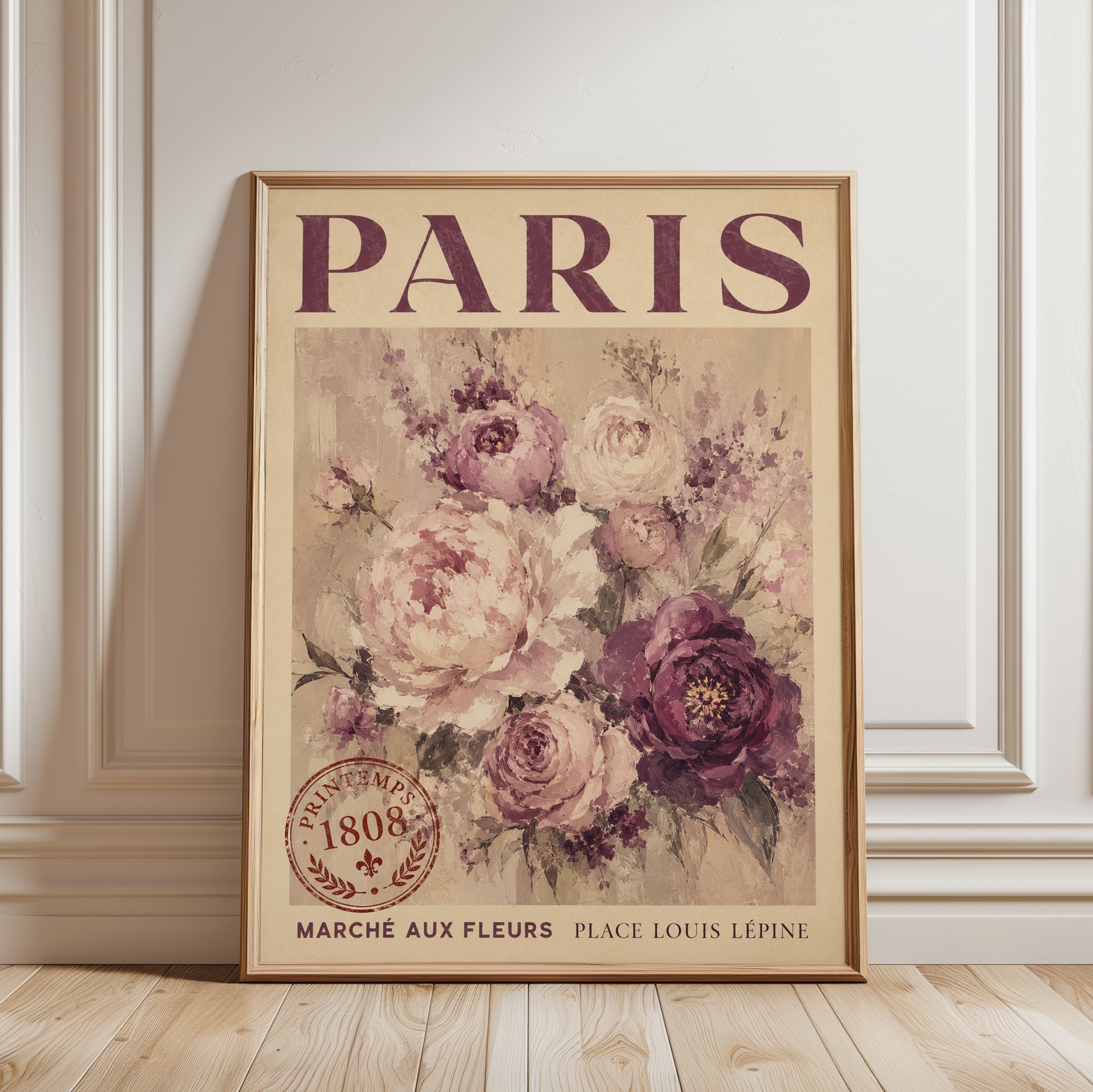 Paris Travel Poster – Vintage Floral Print - framed detail