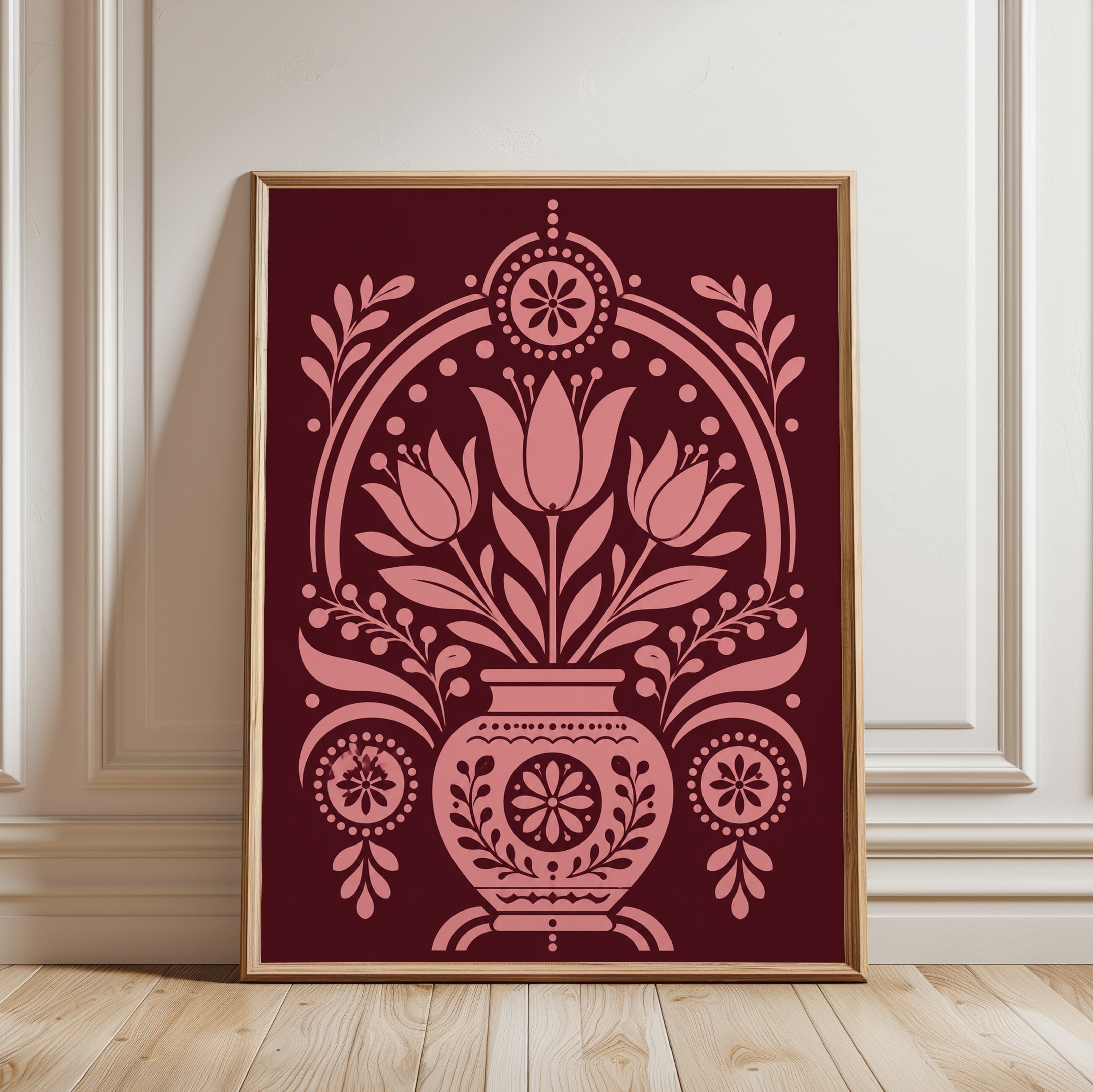 Folk Art Floral Print – Tulip Vase Wall Art - framed detail