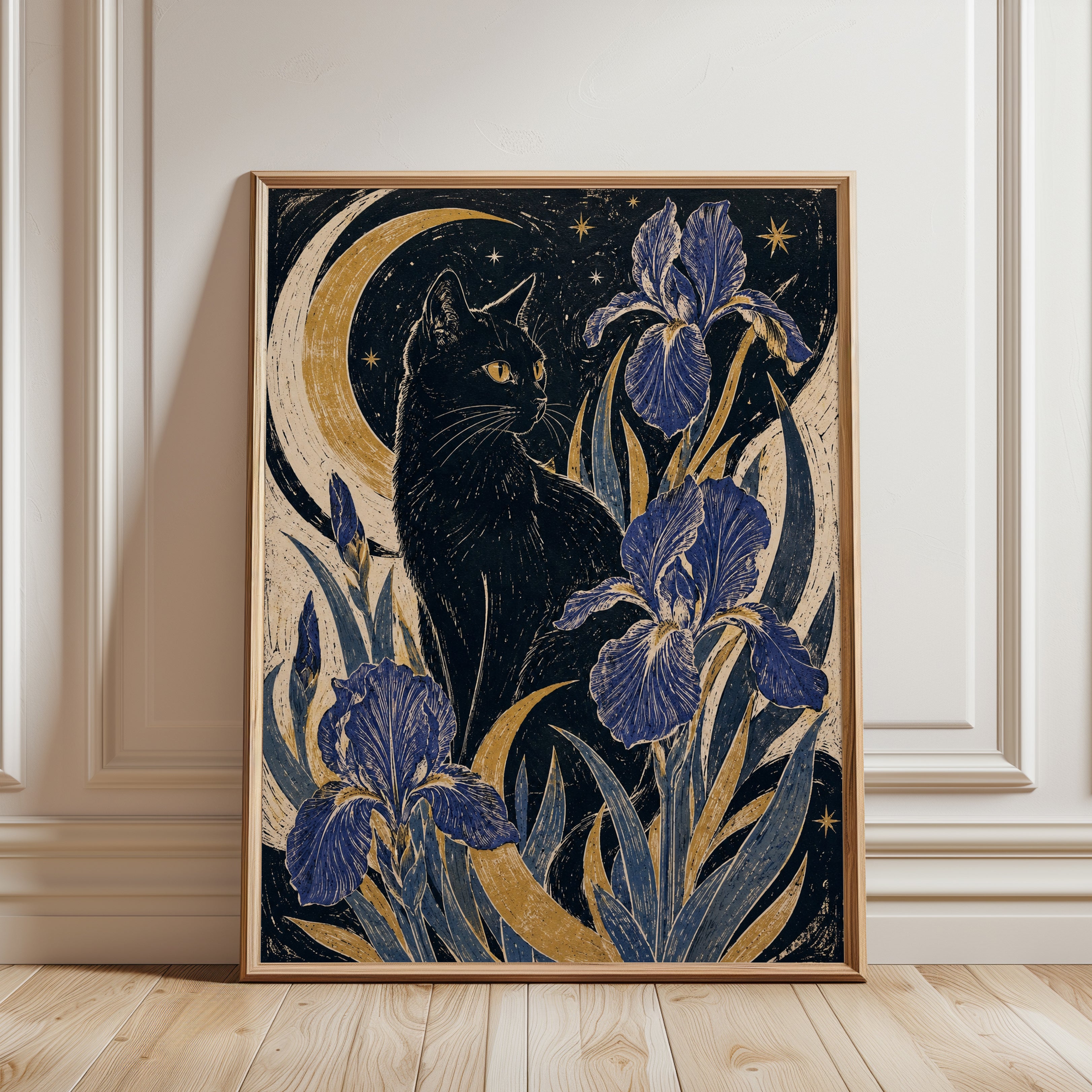 Black Cat and Iris Print — Art Nouveau Moon & Stars - framed detail