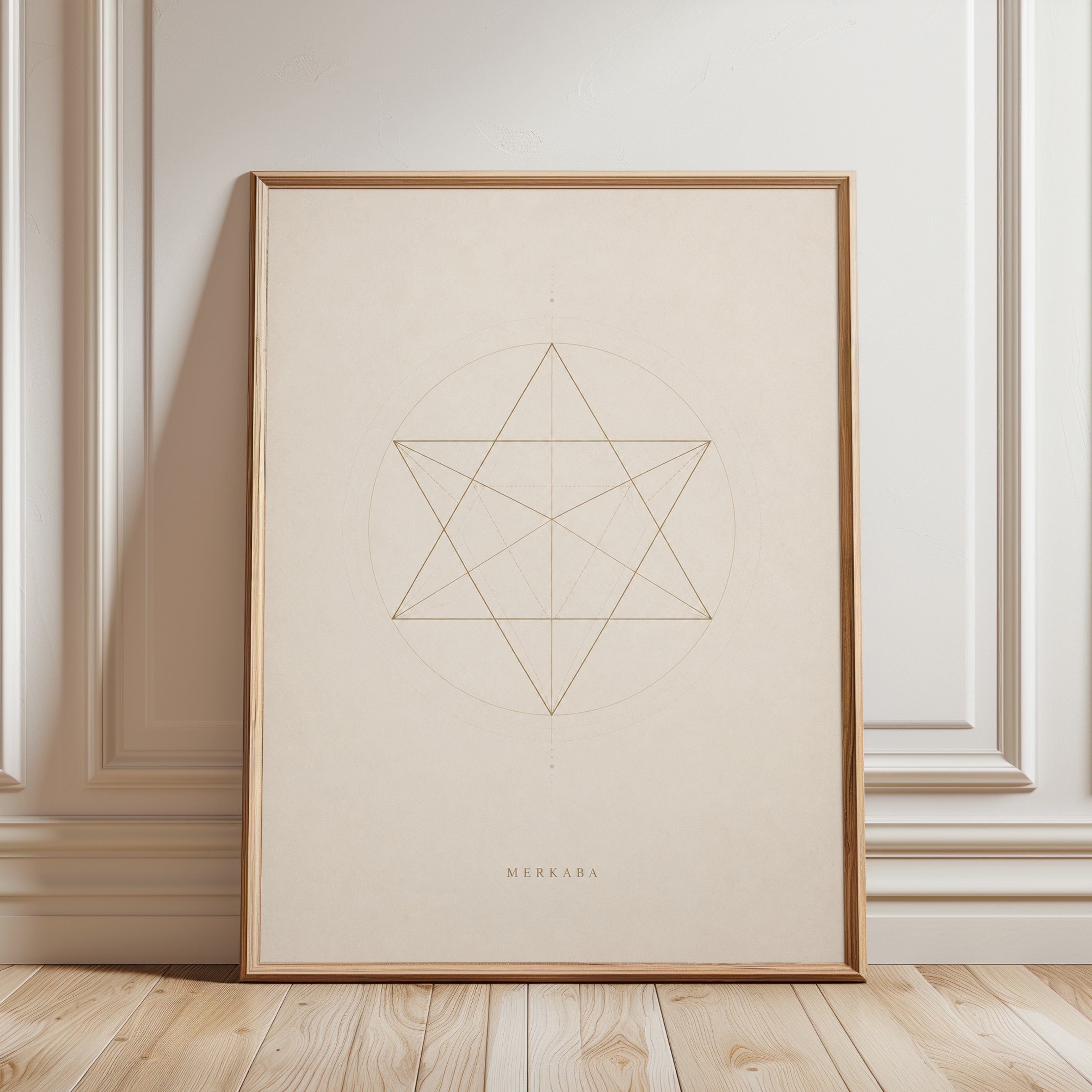Sacred Geometry Wall Art: Merkaba Gold Line Drawing - framed detail