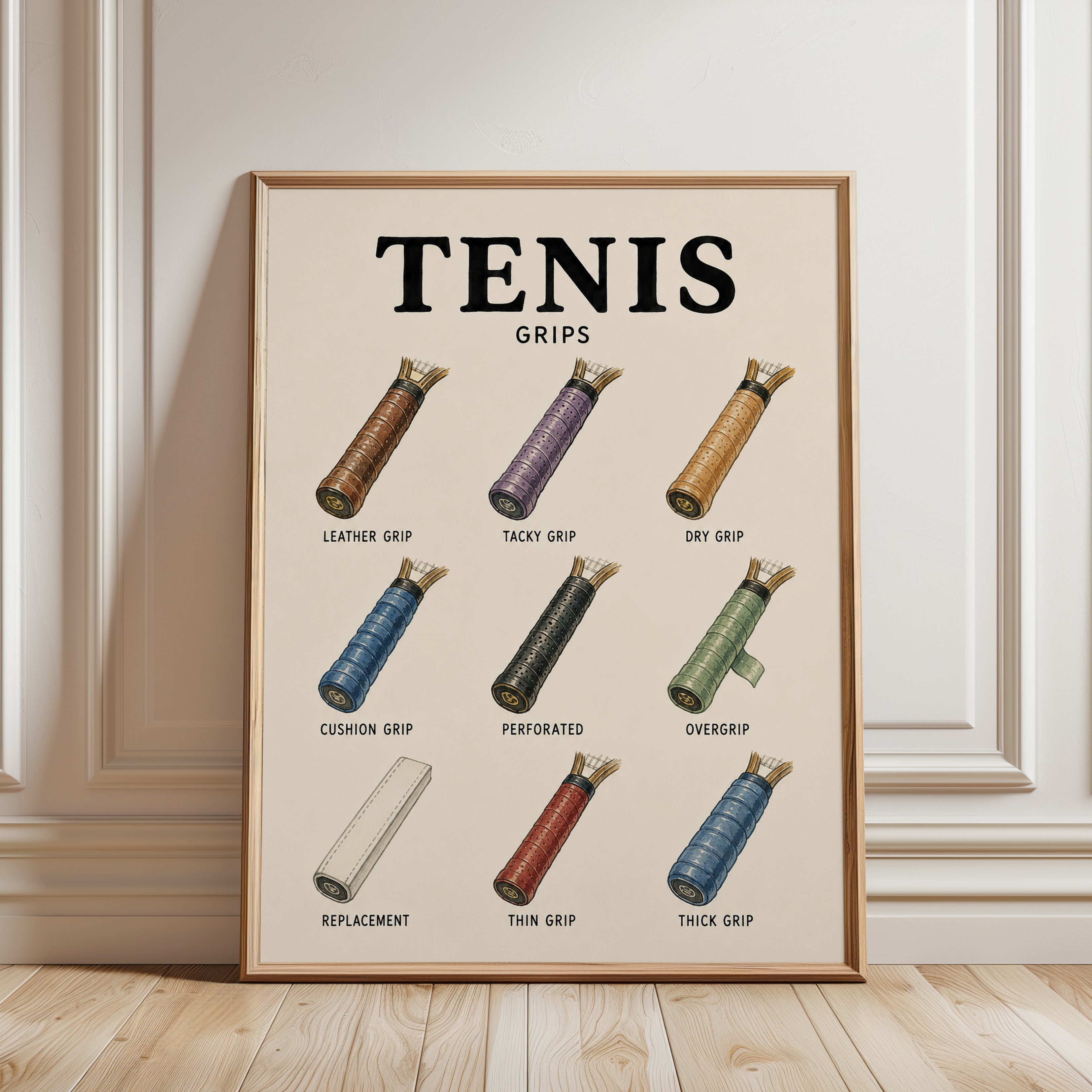 Tennis Grips Guide Poster: Vintage Sports Instruction Chart - framed detail