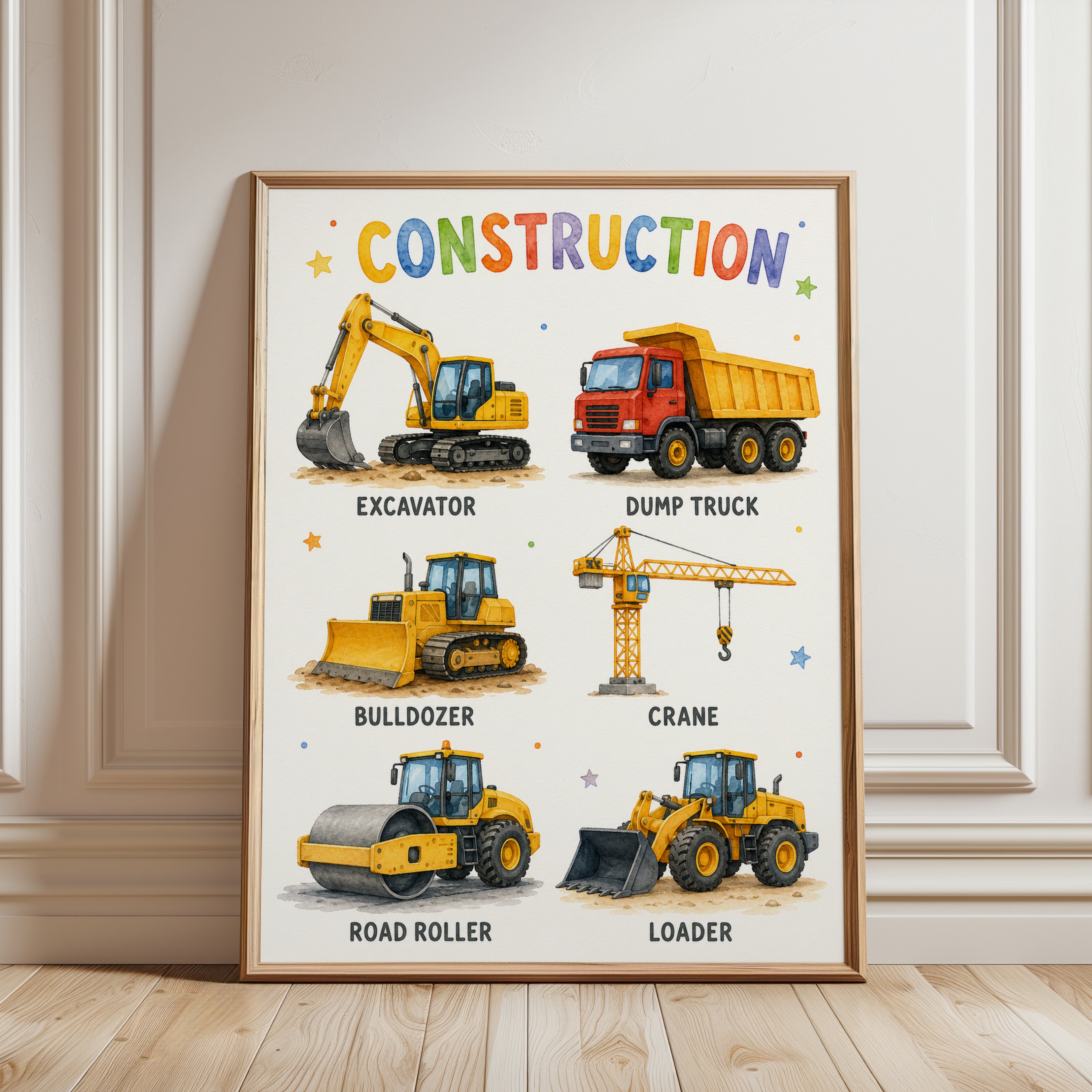 Construction Vehicles Poster: Educational Kids Room Art - framed detail