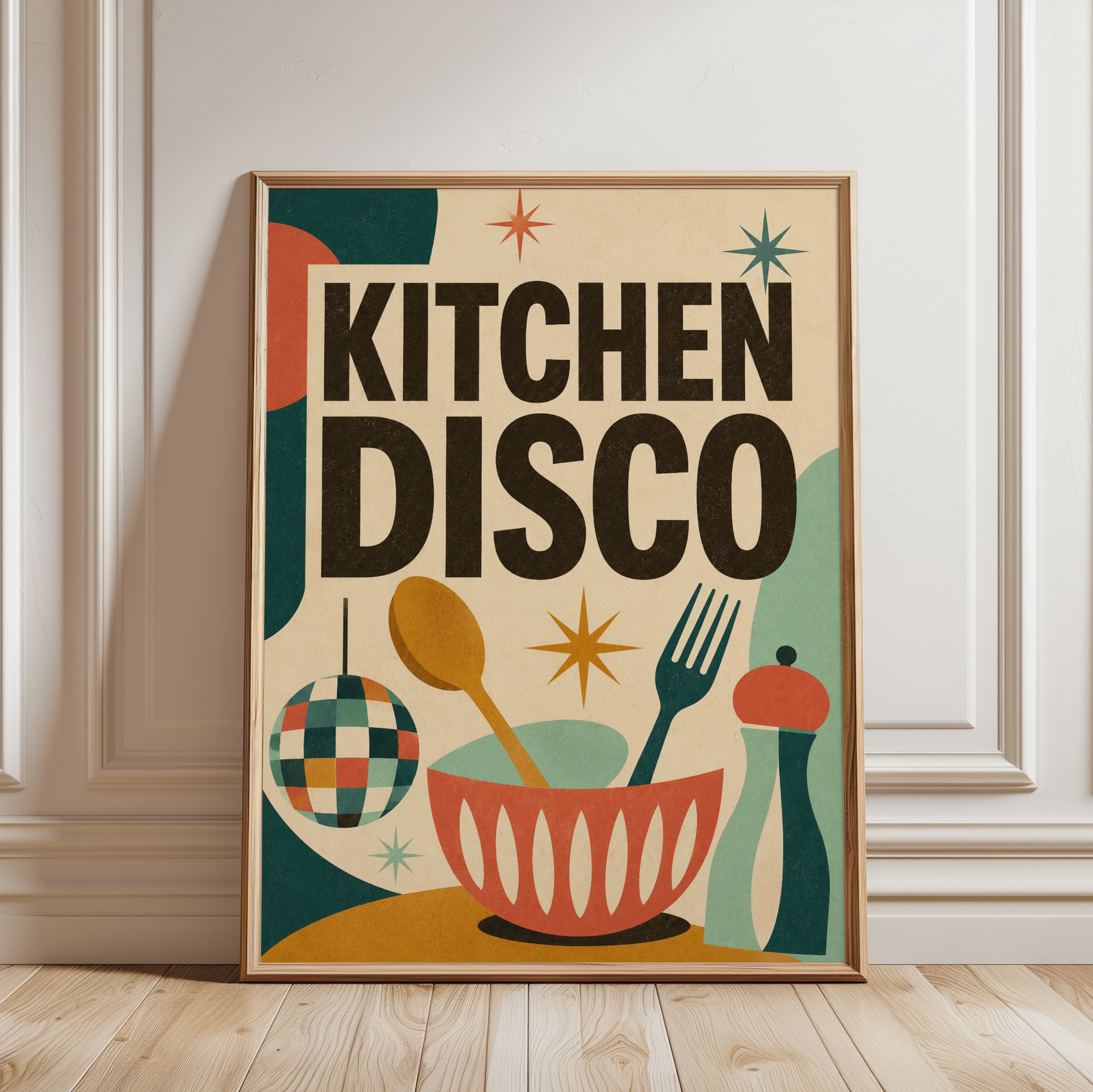 Kitchen Disco Retro Wall Art: Mid-Century Modern Typography Print - framed detail