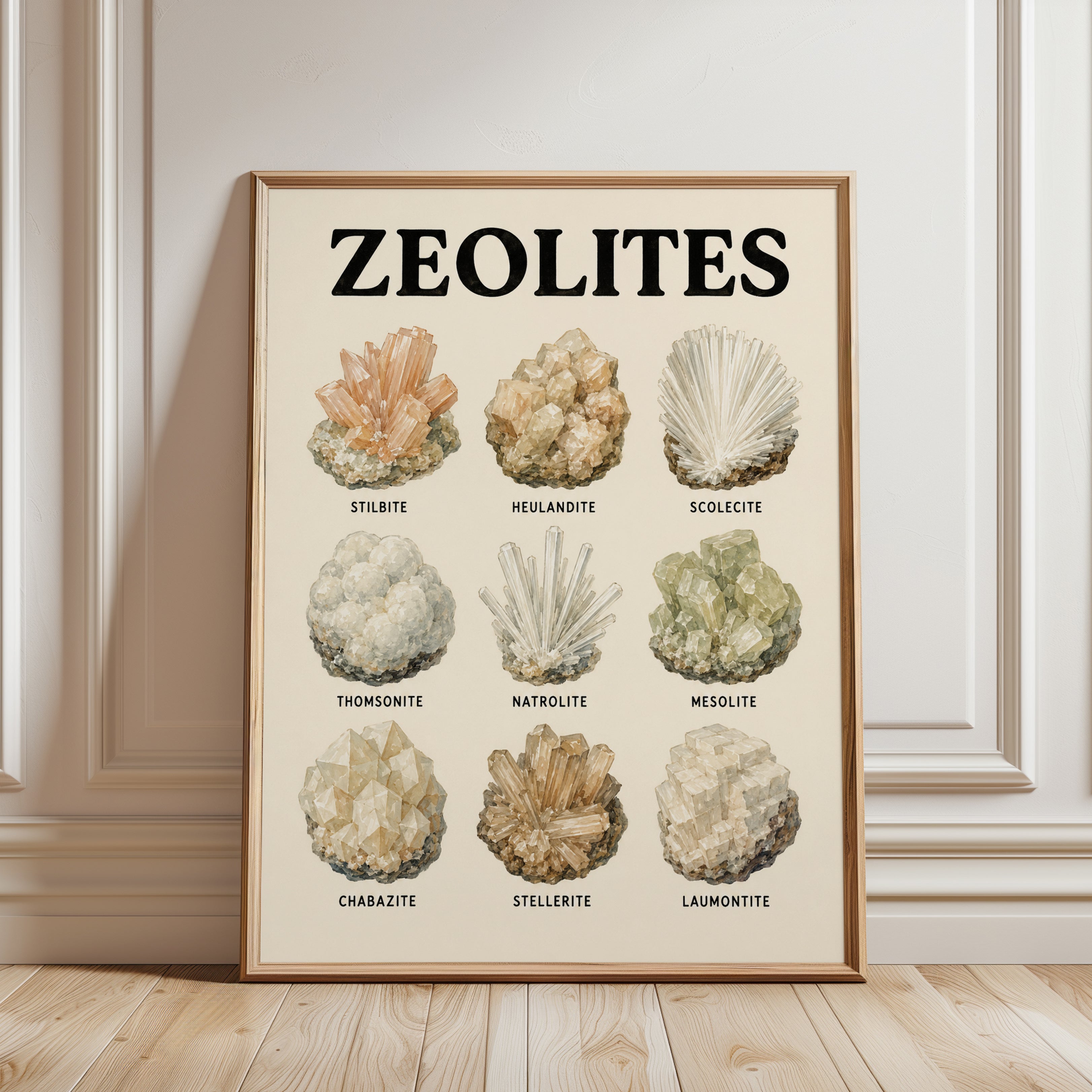 Zeolite Minerals Chart Print: Vintage Natural History Poster - framed detail