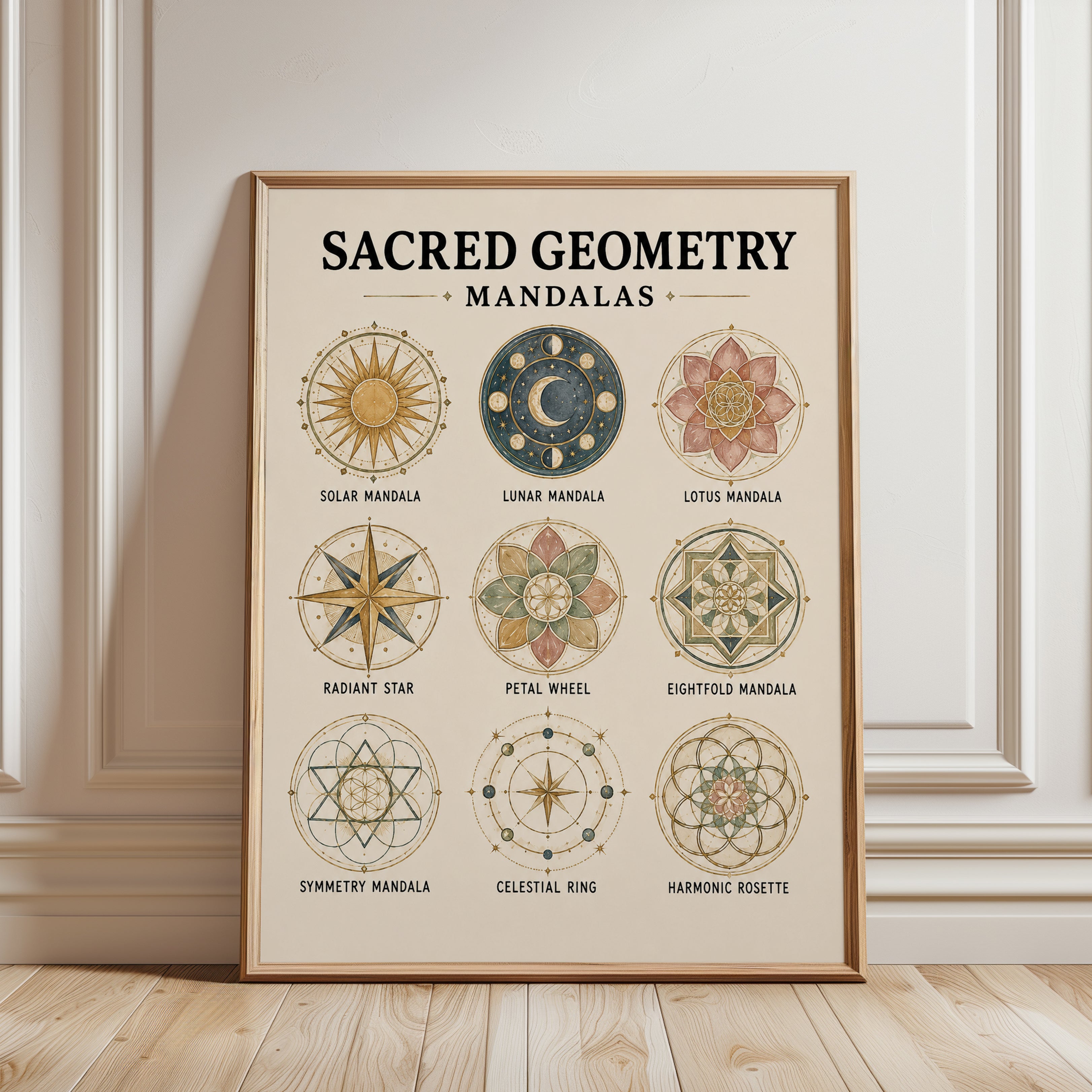 Sacred Geometry Mandala Print — 9 Spiritual Symbols Chart - framed detail