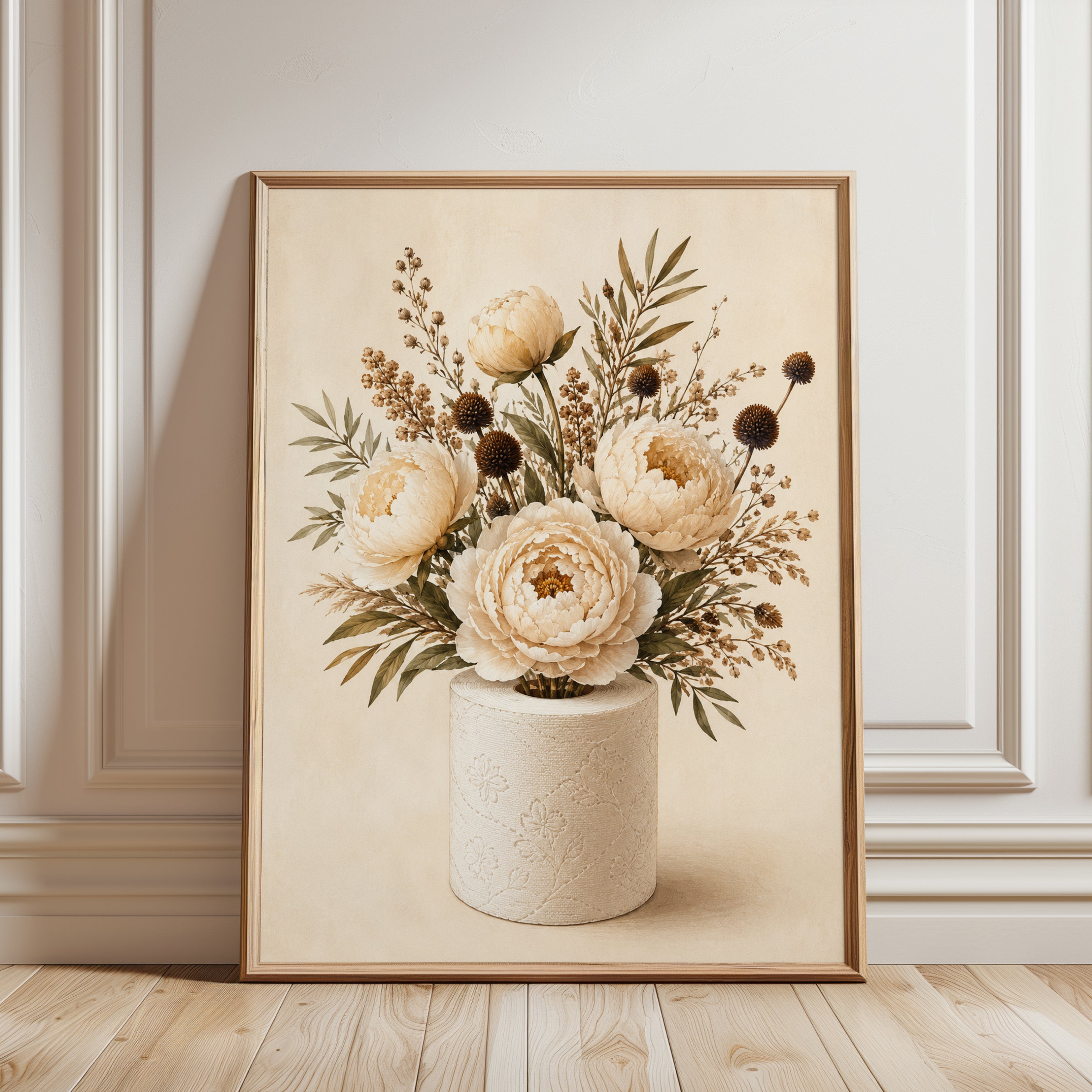 Neutral Peony Bouquet Art Print: Vintage Botanical Wall Art - framed detail