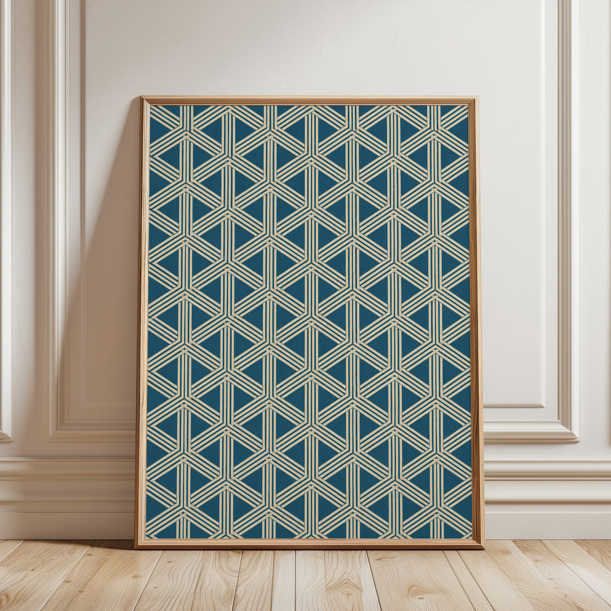 Geometric Art Print: Gold & Navy Blue Lattice (Living Room Decor) - framed detail