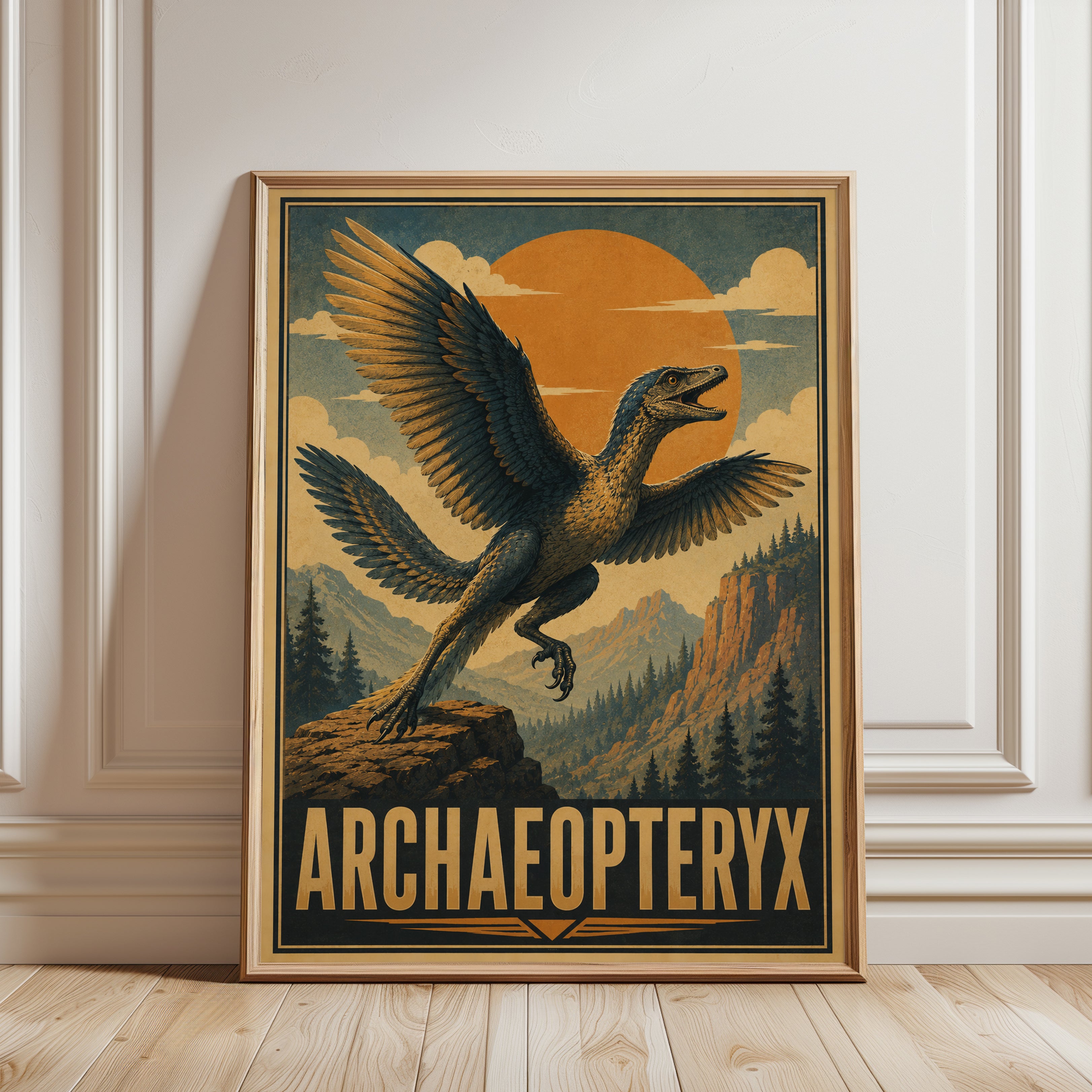 Archaeopteryx Poster: Vintage Dinosaur Art Print - framed detail