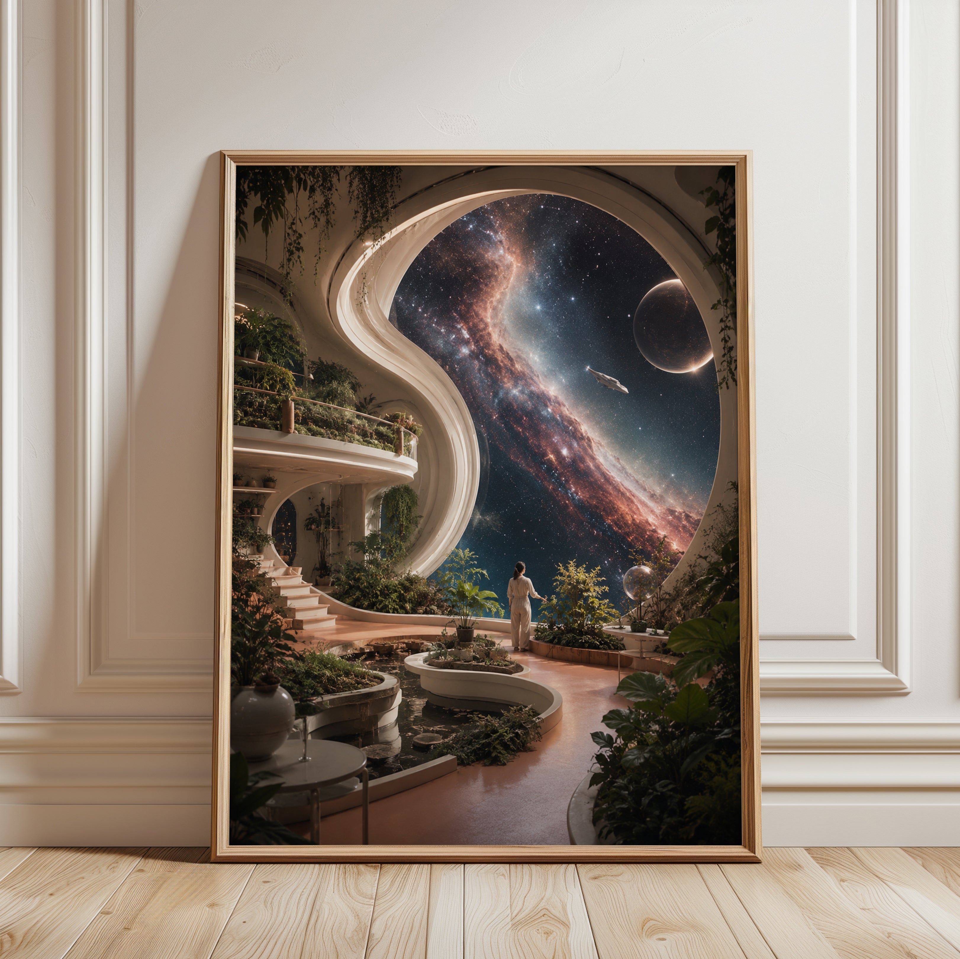 Cosmic Garden Observatory: Surreal Space Architecture Art Print - framed detail