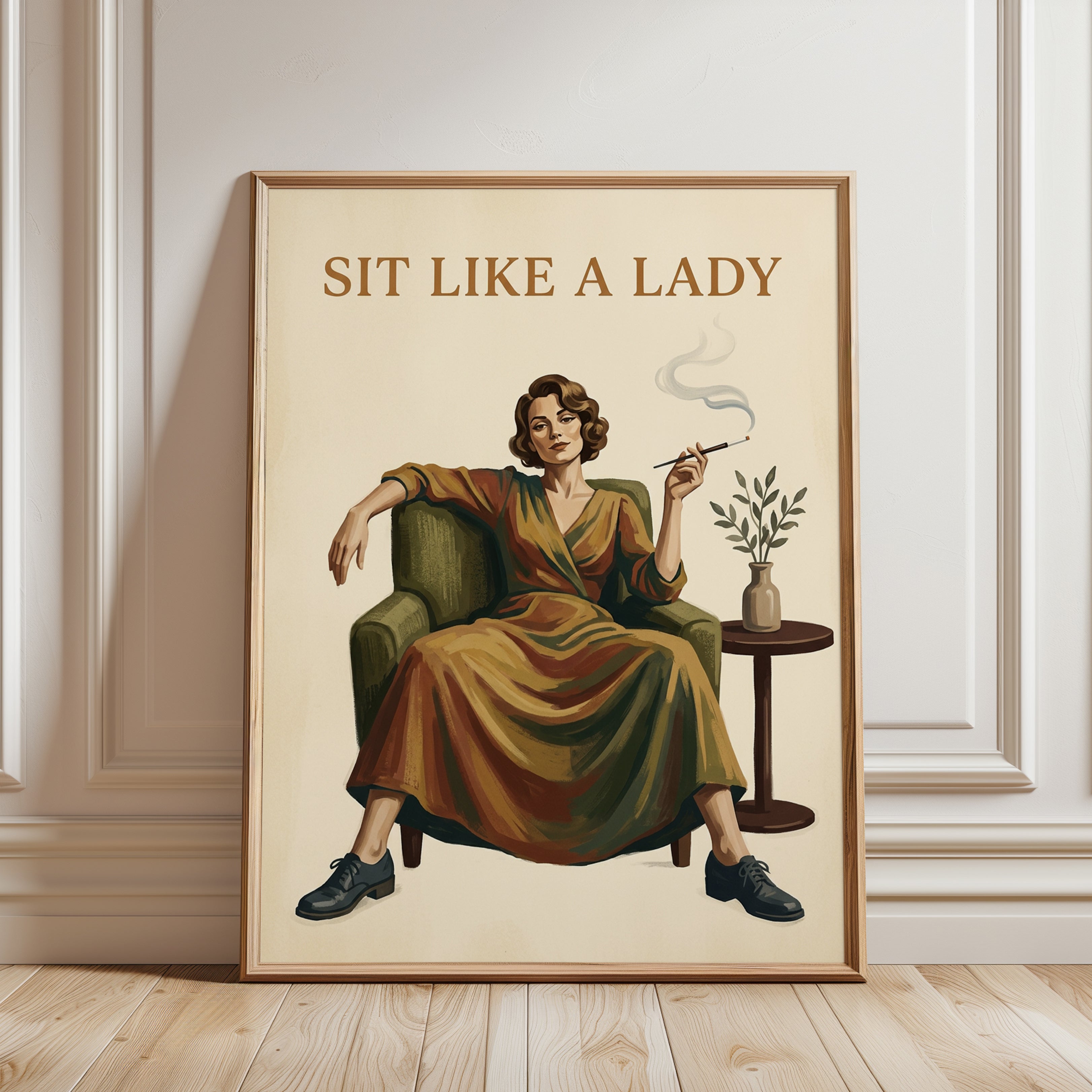 Sit Like a Lady Poster: Vintage Retro Woman with Cigarette Art - framed detail