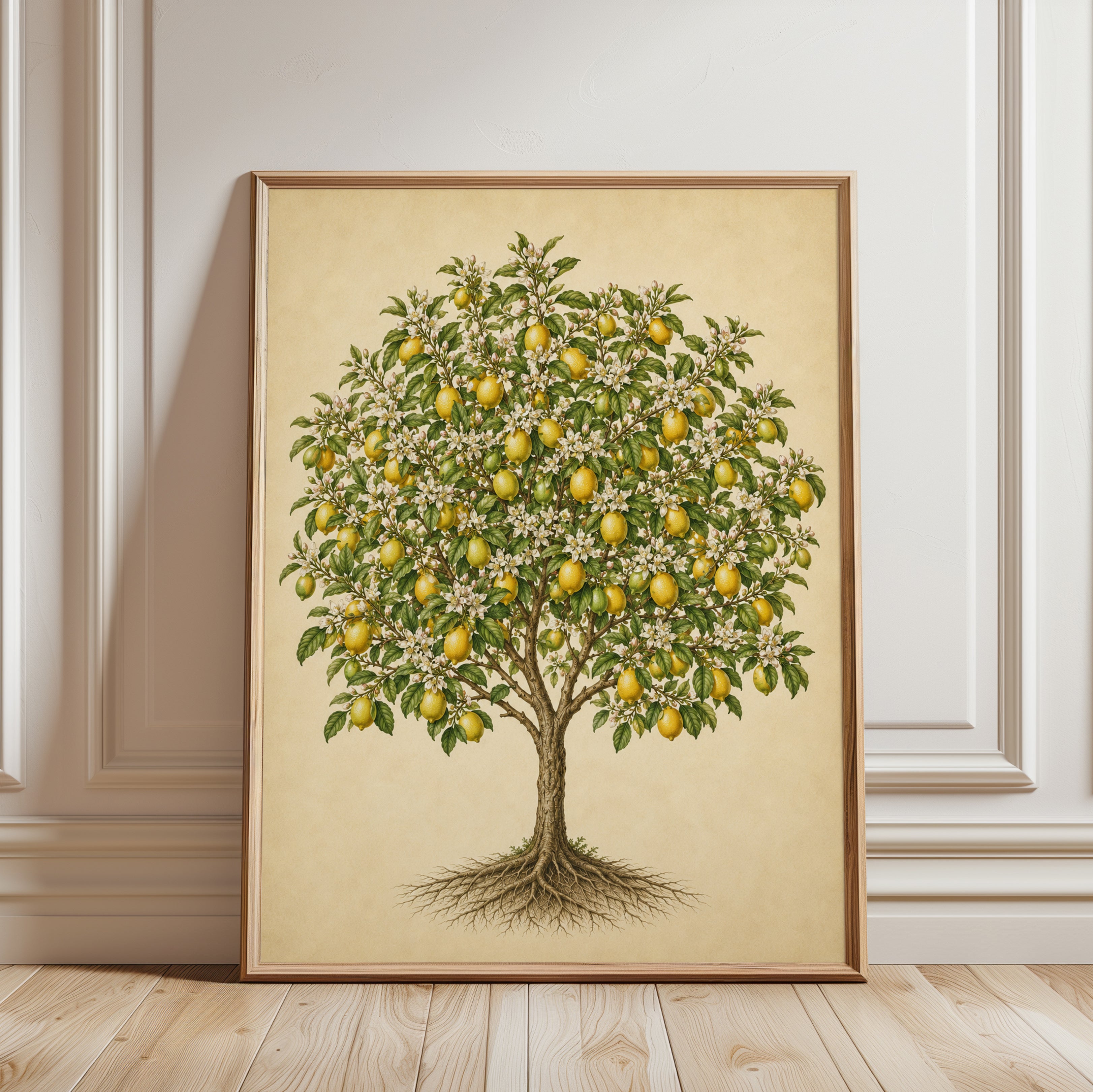 Lemon Tree Botanical Print: Vintage Citrus Illustration Wall Art - framed detail