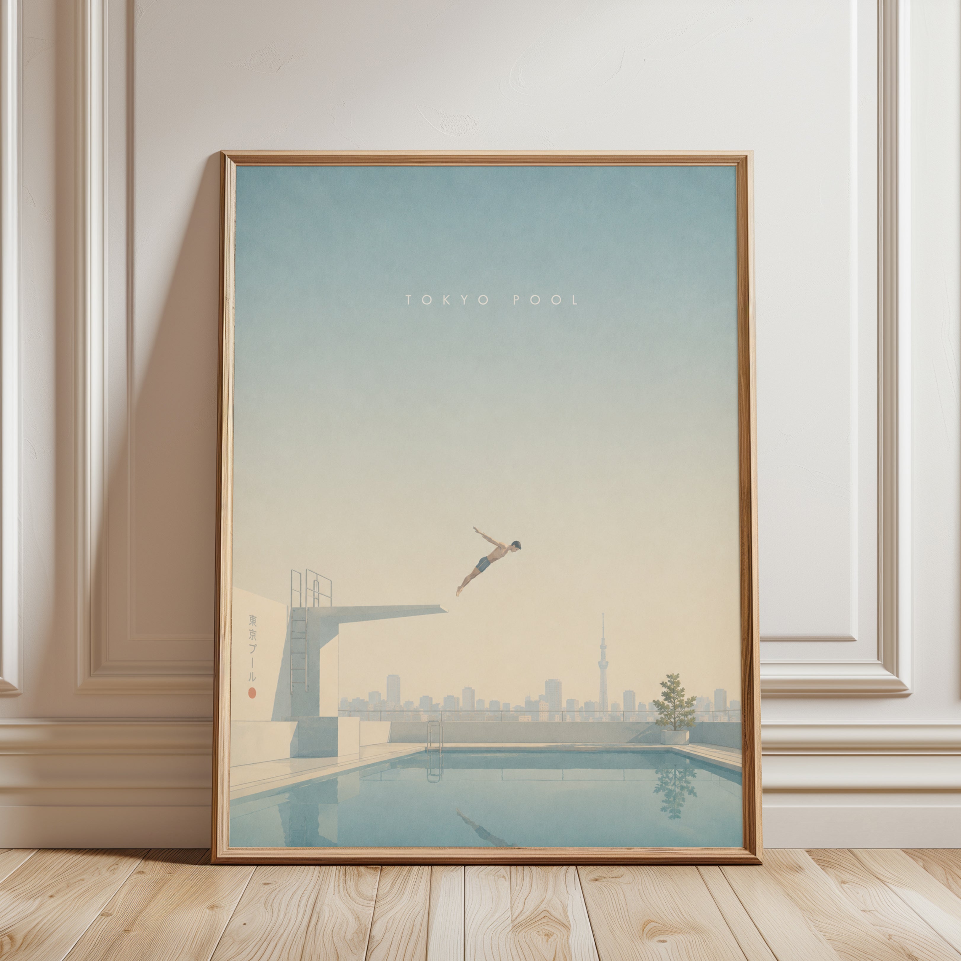 Tokyo Pool Diver Art Print: Minimalist Urban Architecture Scene - framed detail