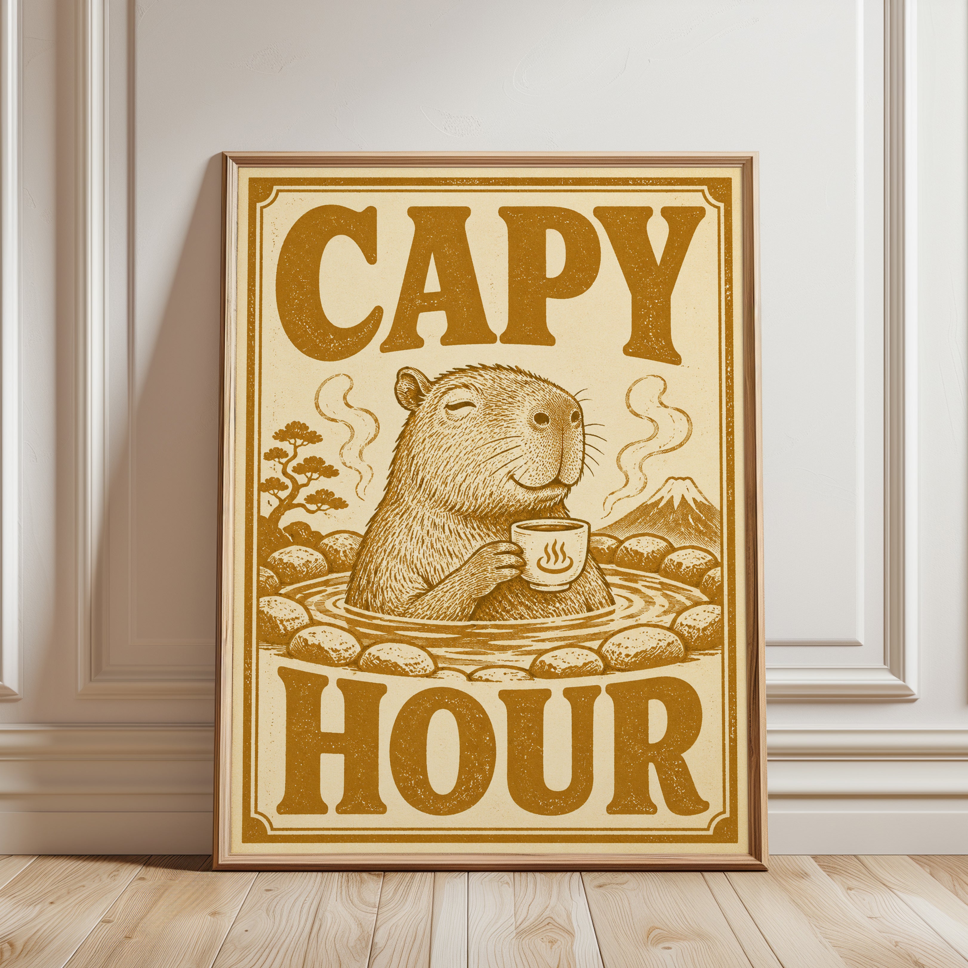 Capybara Wall Art: Vintage Japanese Onsen - framed detail