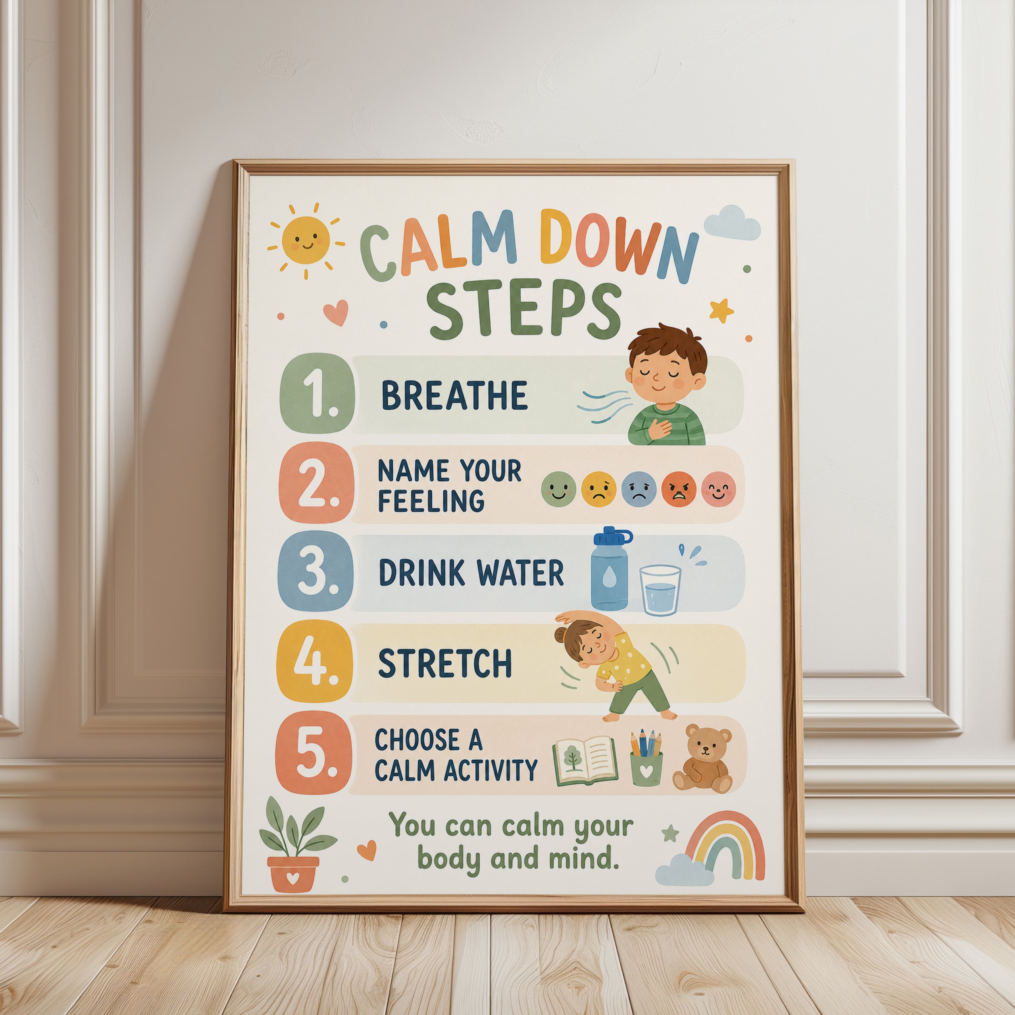 Calm Down Steps Poster – Kids Room Wall Art - framed detail