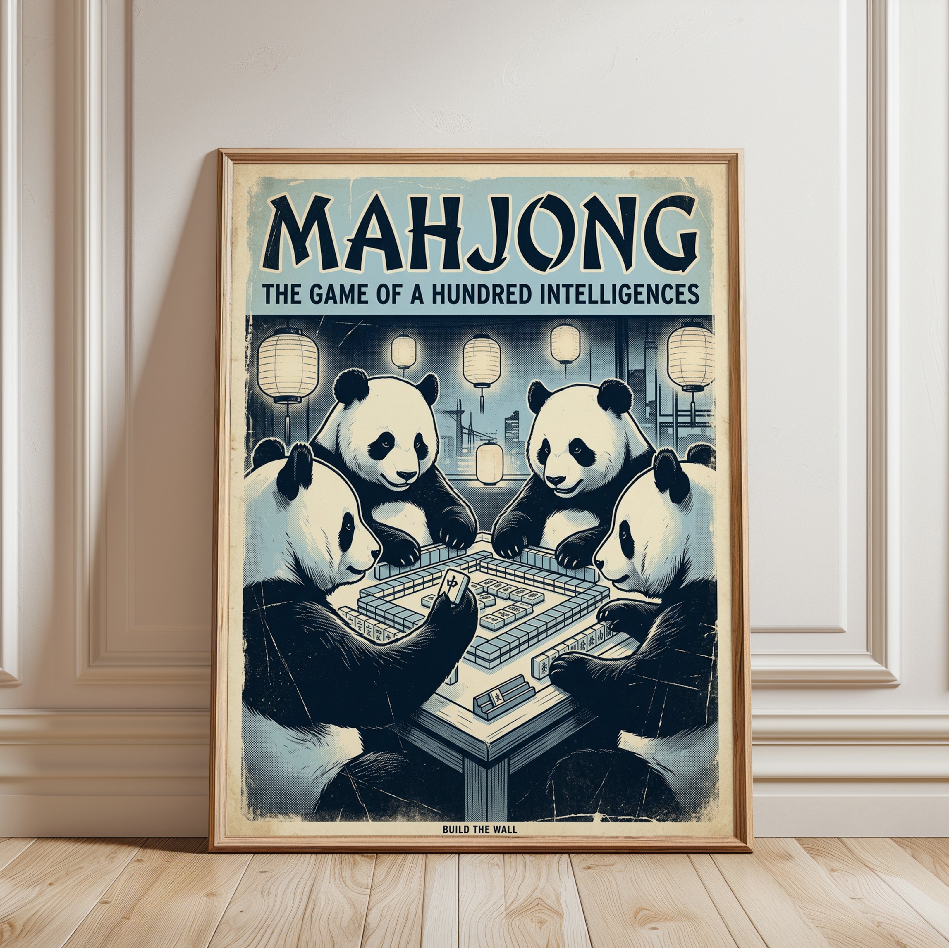 Mahjong Pandas Art Print: Vintage Asian Game Poster Design - framed detail