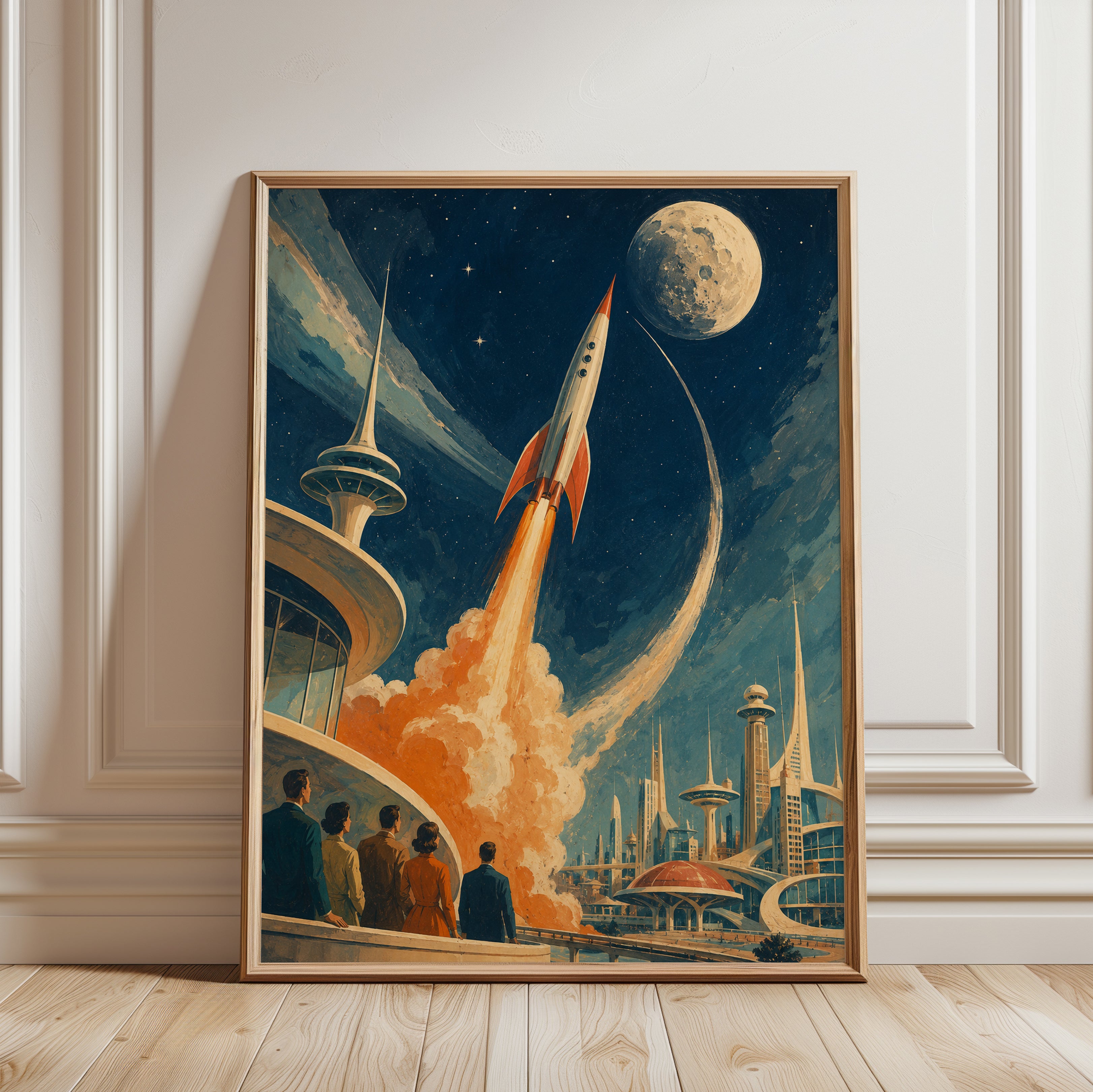 Retro Space Poster – Vintage Rocket Print - framed detail