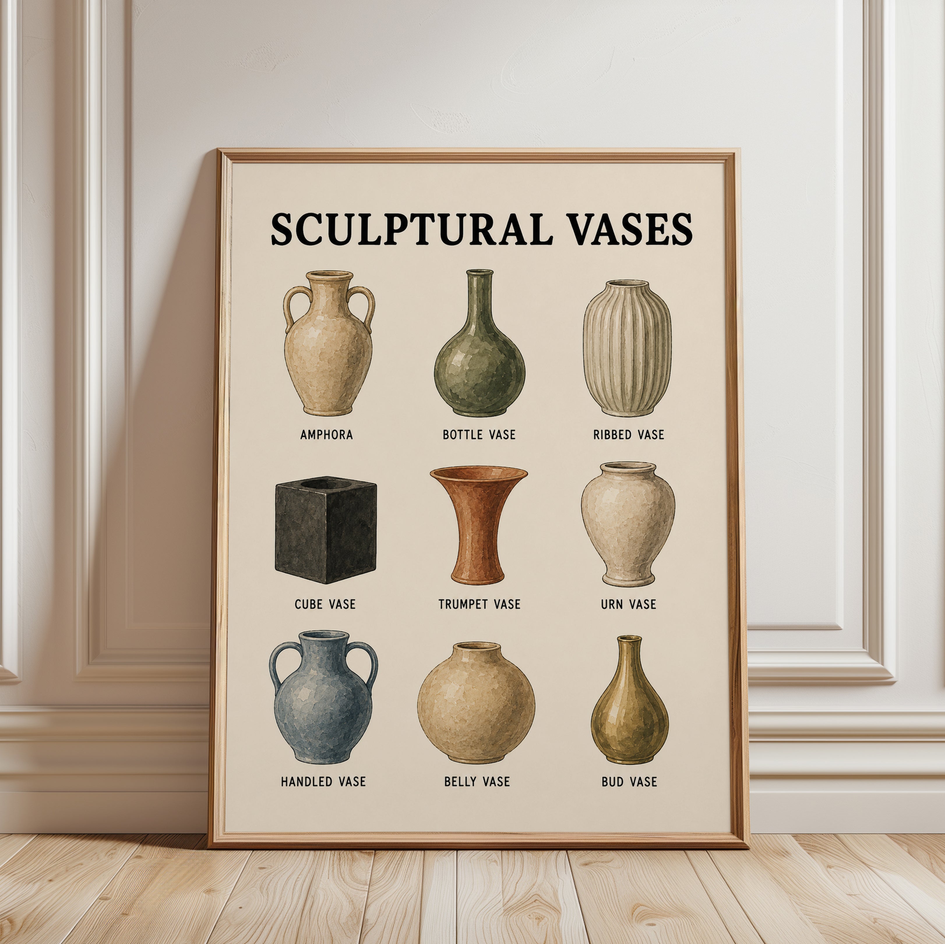 Sculptural Vase Chart Print: Pottery Types Wall Art for Kitchen - framed detail