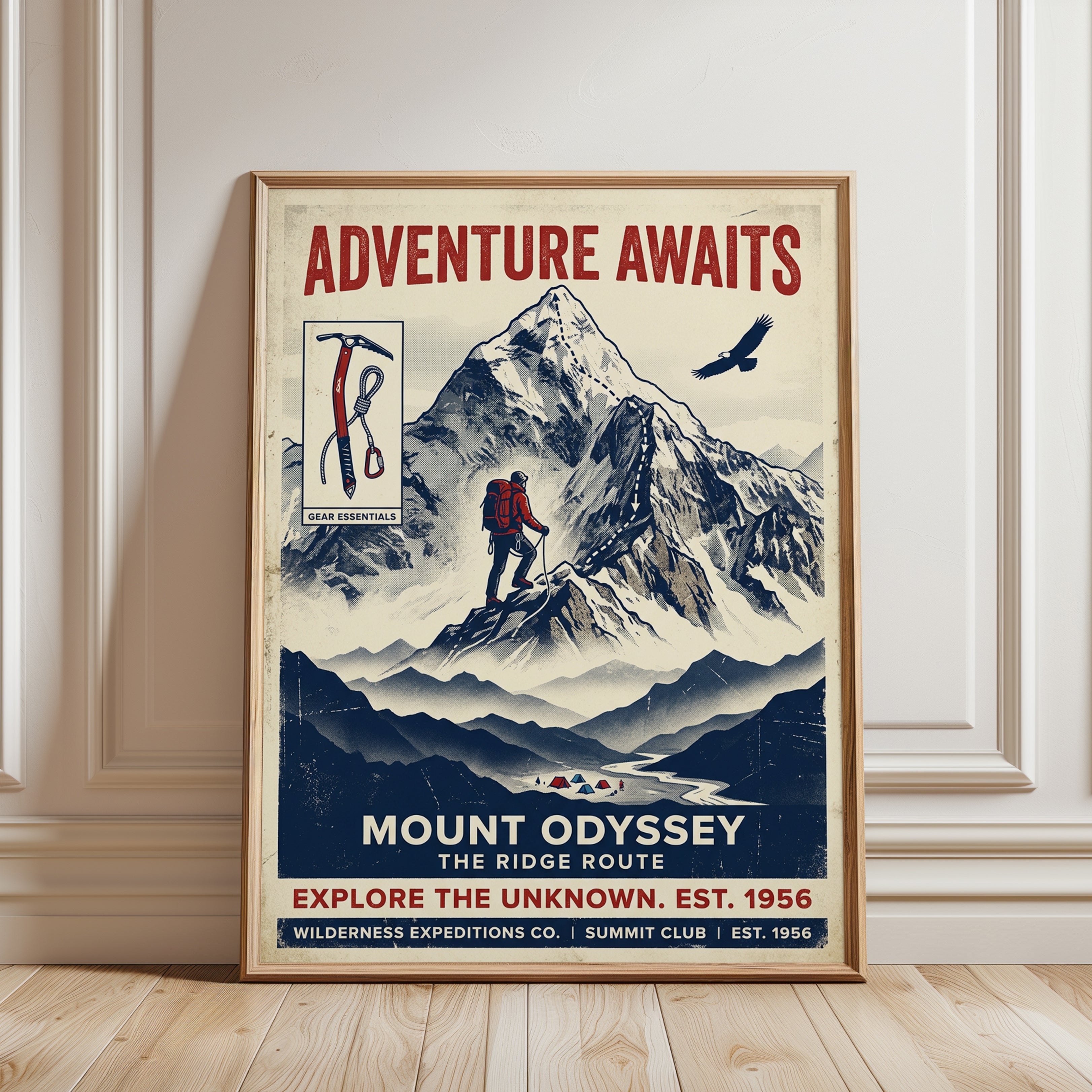 Vintage Mountain Climbing Poster — Retro Adventure Travel Art - framed detail
