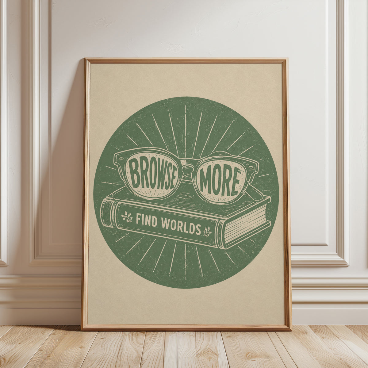 Browse More Vintage Reading Poster: Retro Green Book Lover Art - framed detail