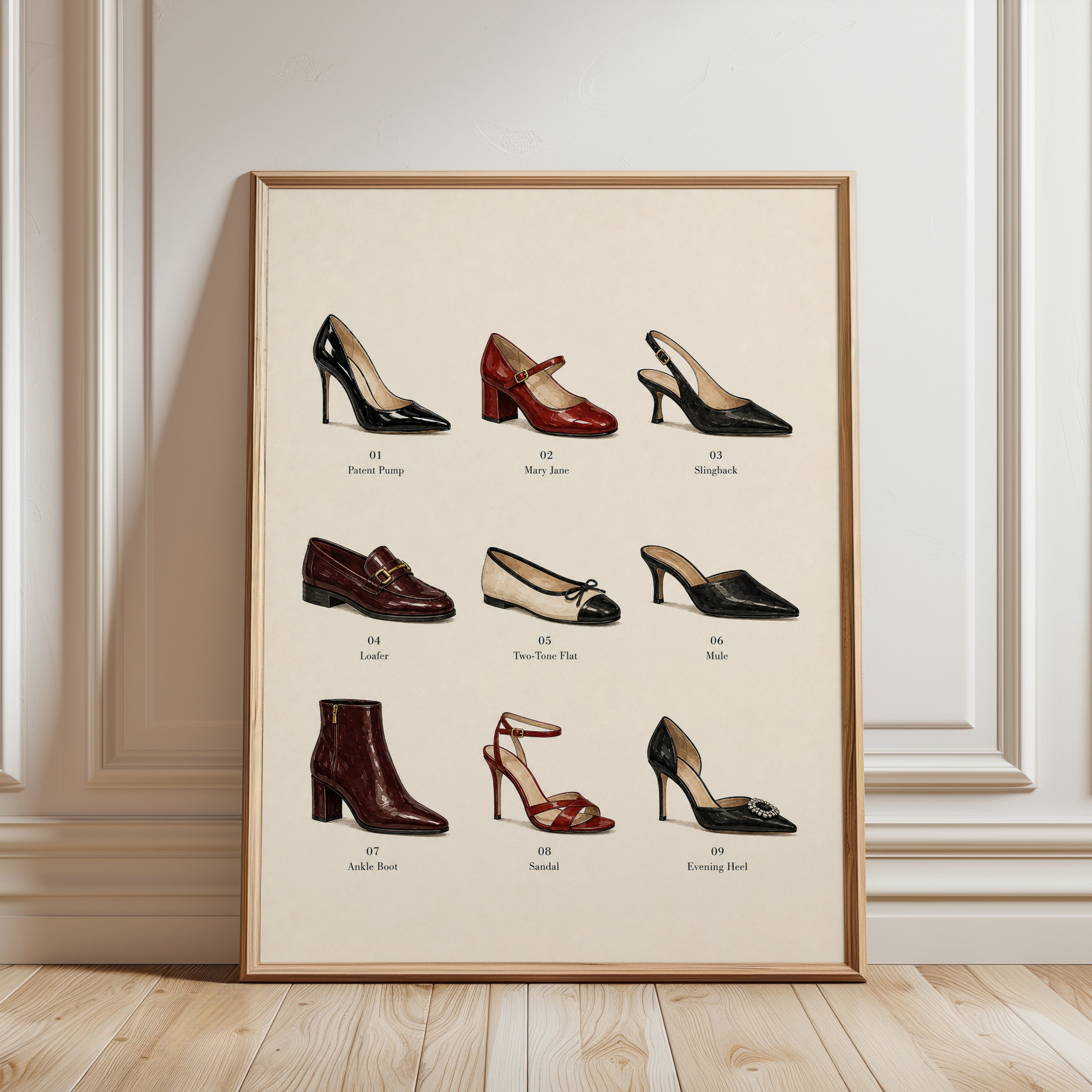 Vintage Shoe Collection Poster: Classic Fashion Illustration - framed detail