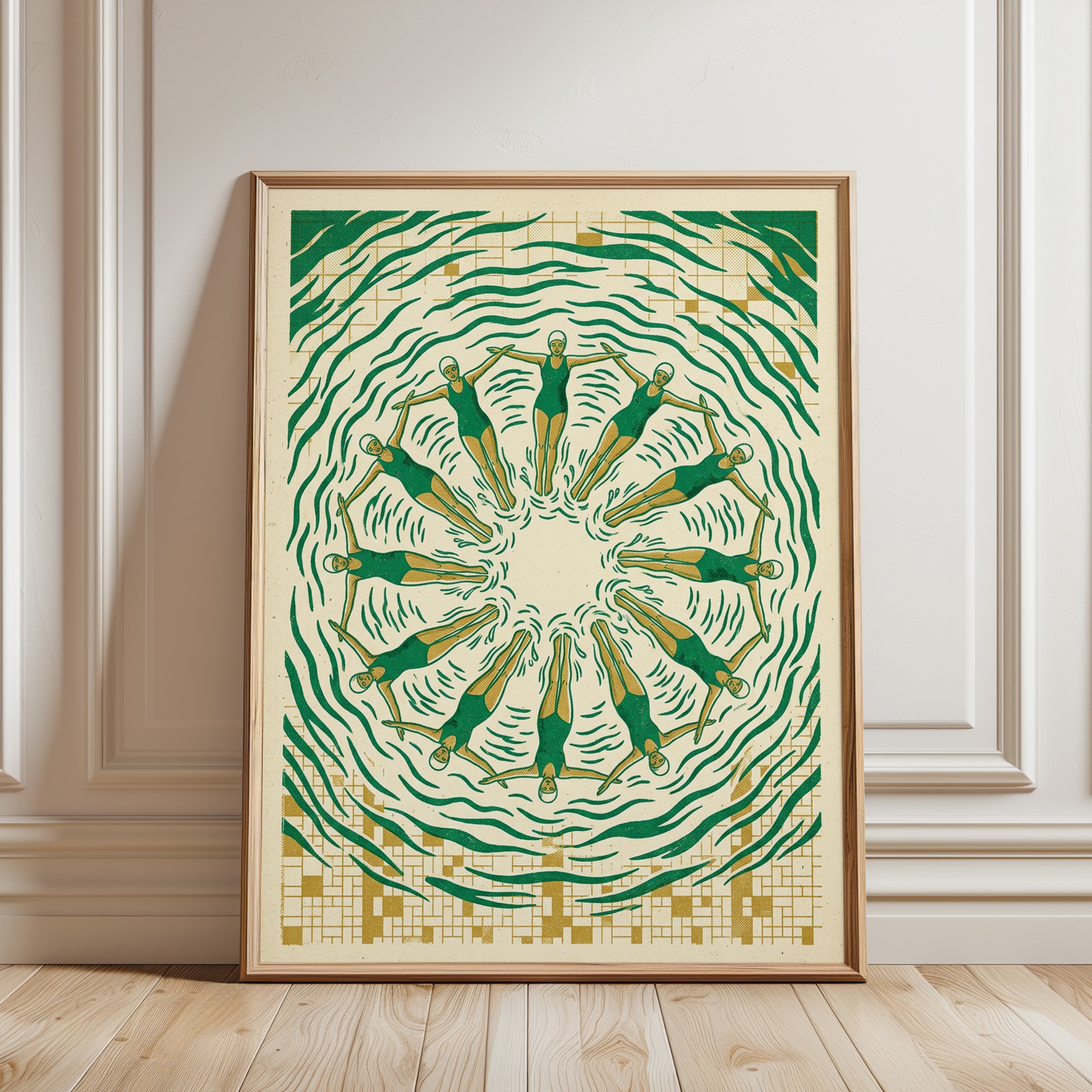 Synchronized Swimmers Art Print: Art Deco Green and Gold Design - framed detail
