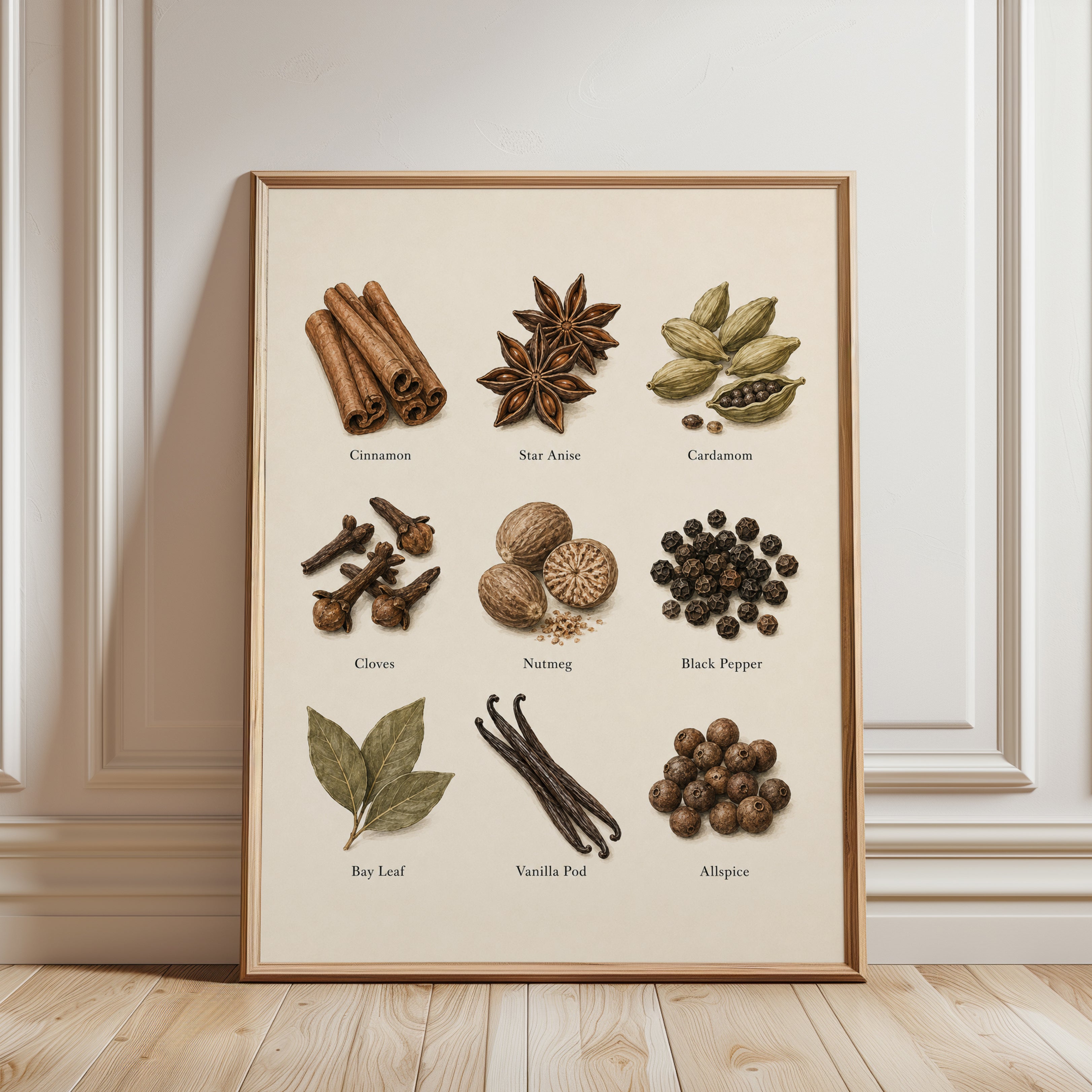 Spice Chart Wall Art – Kitchen Botanical Print - framed detail
