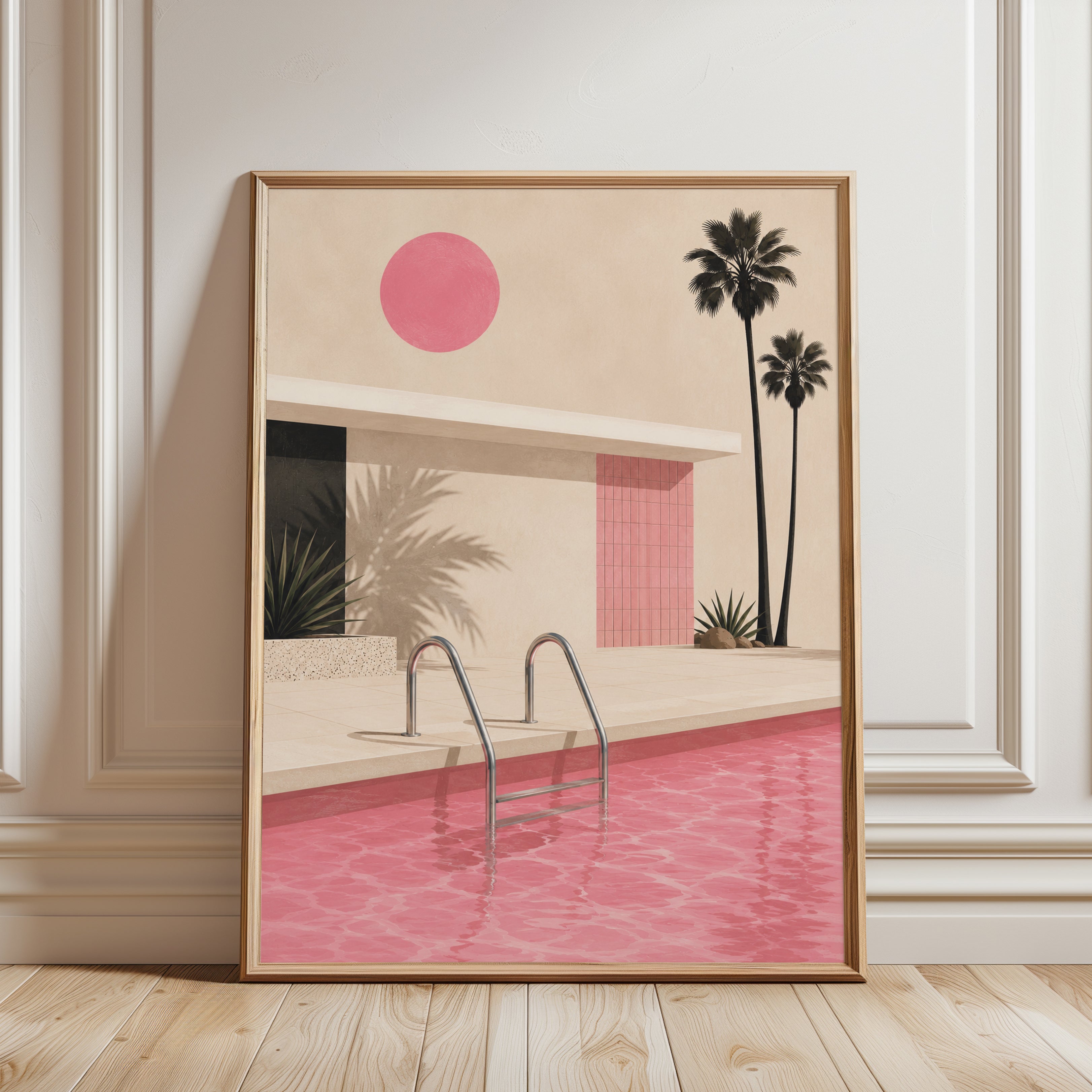 Pink Pool Wall Art – Palm Tree Print - framed detail
