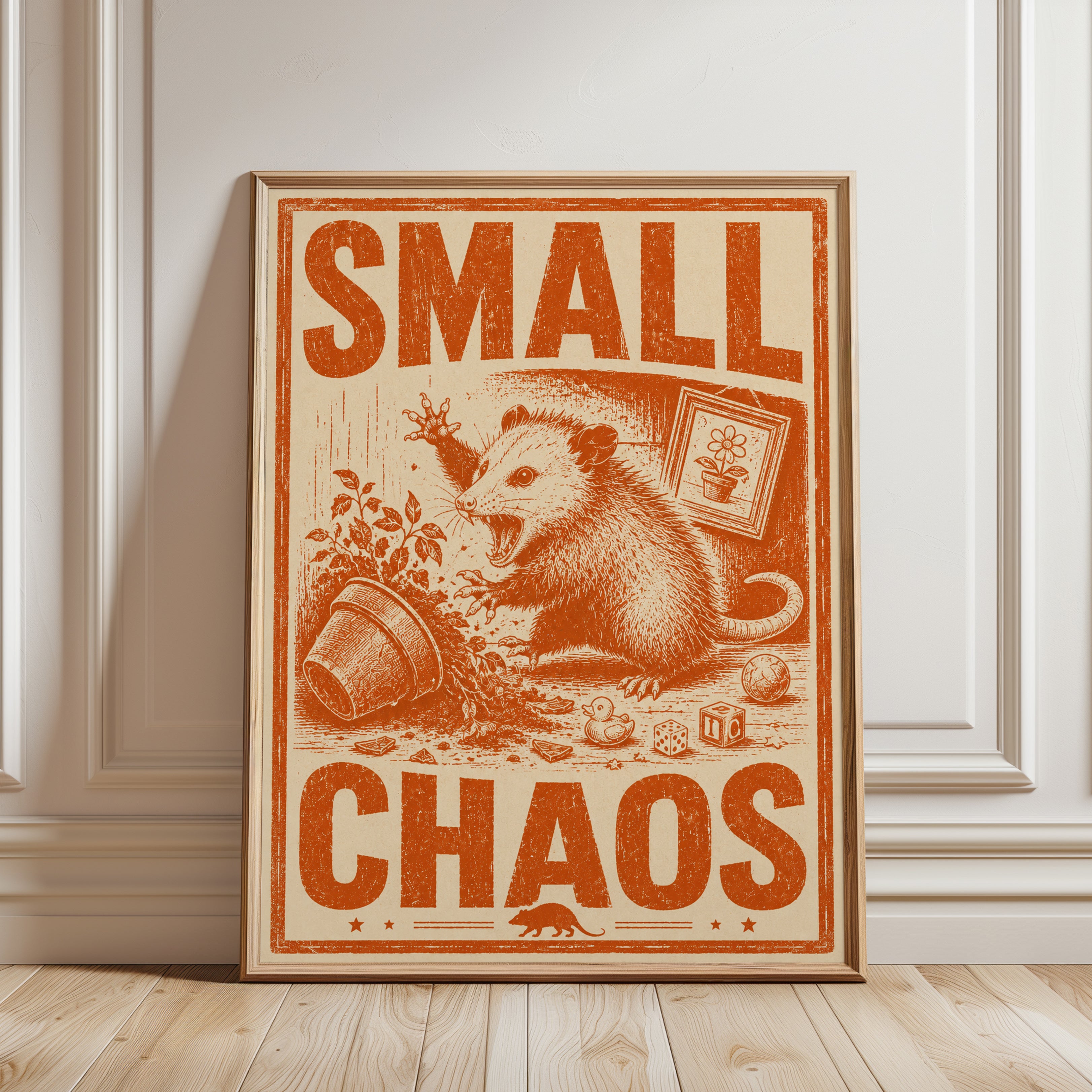 Opossum Vintage Print: Small Chaos Retro Wall Art - framed detail