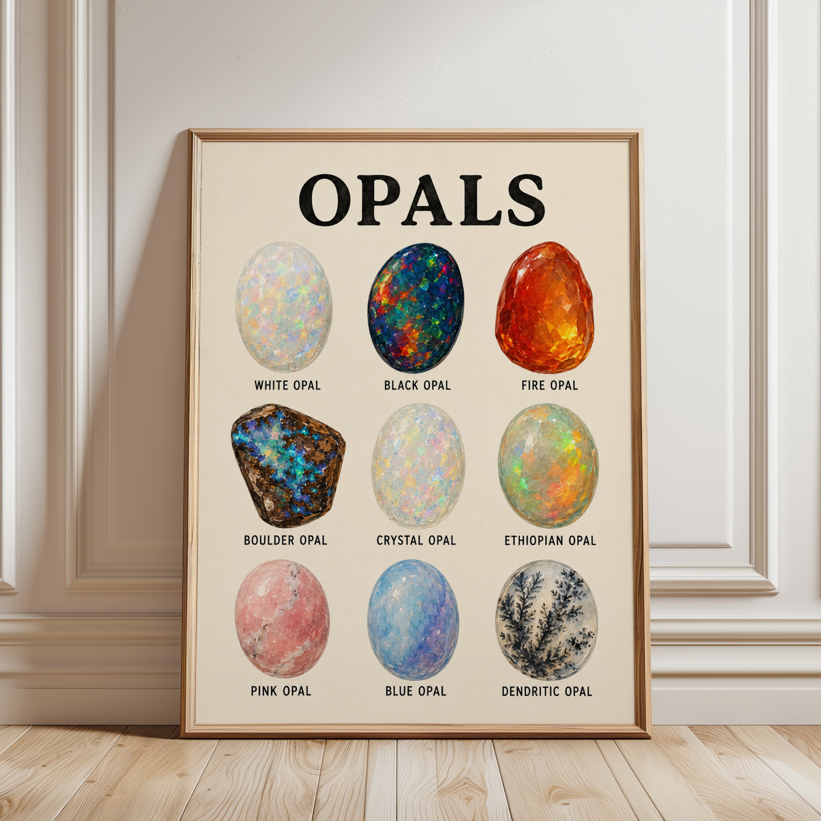 Opal Types Educational Print — Vintage Scientific Illustration - framed detail