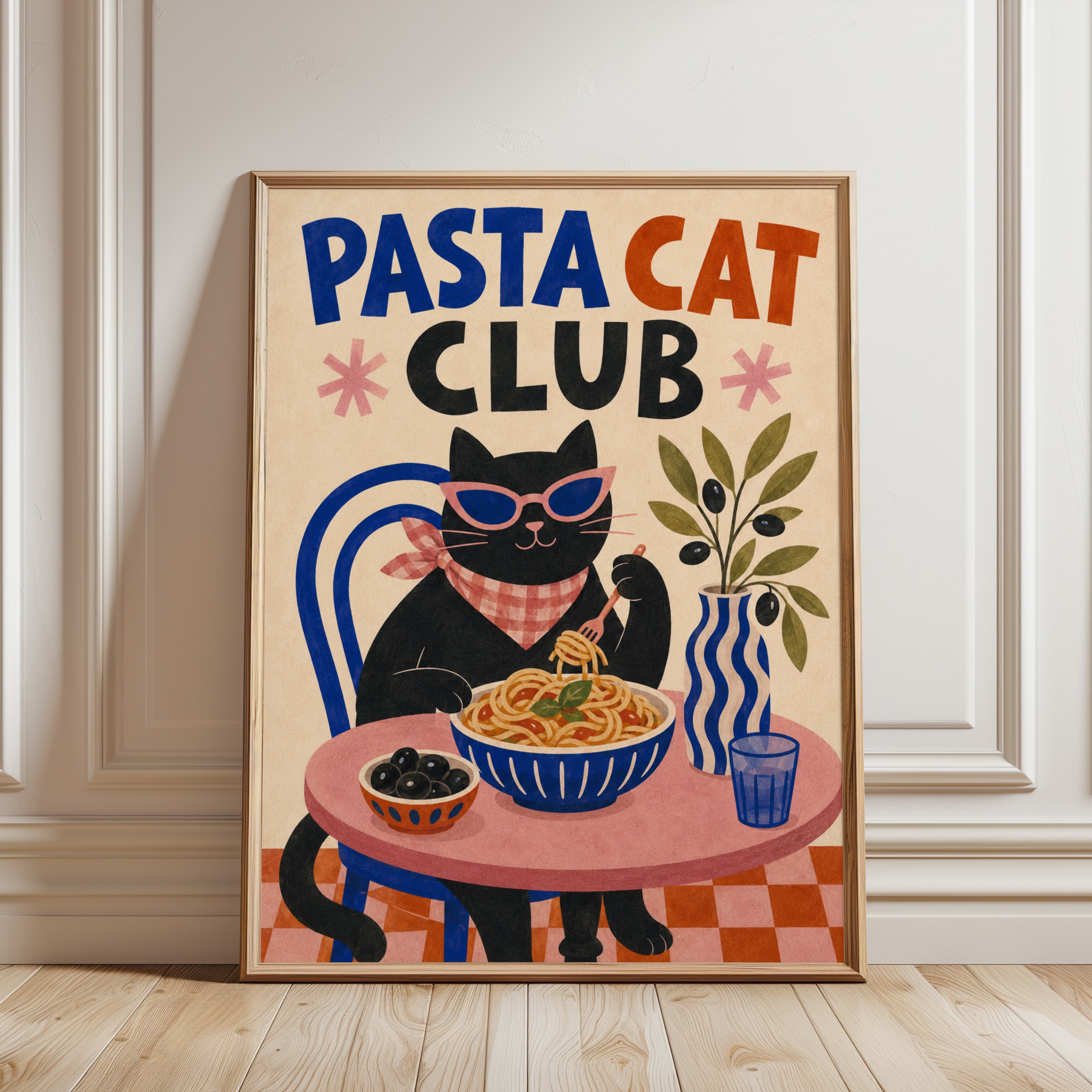 Retro Cat Pasta Poster - framed detail