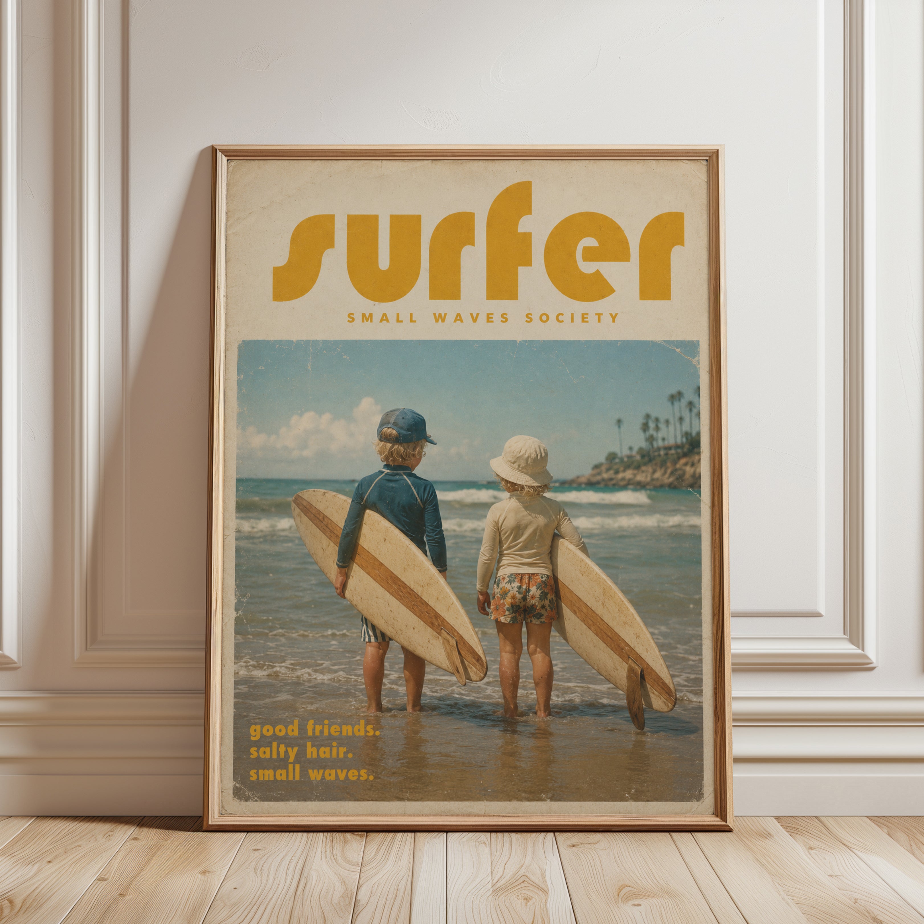 Vintage Surf Poster Print — Retro Kids Surfing Art - framed detail
