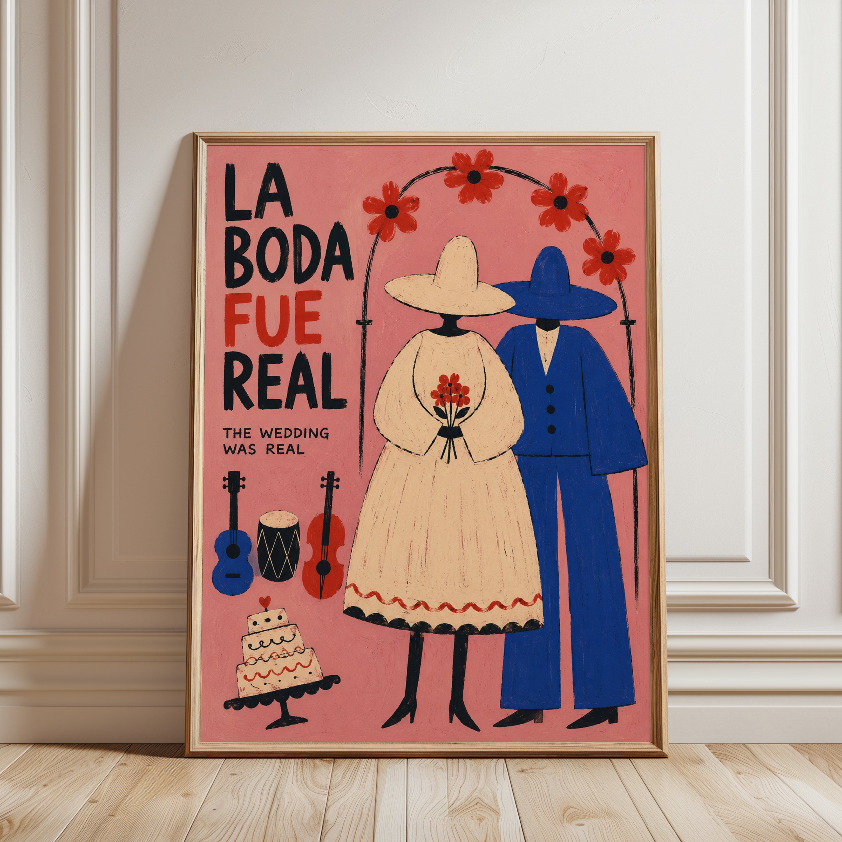 Mexican Wedding Couple Folk Art Print: Pink Celebration Poster - framed detail