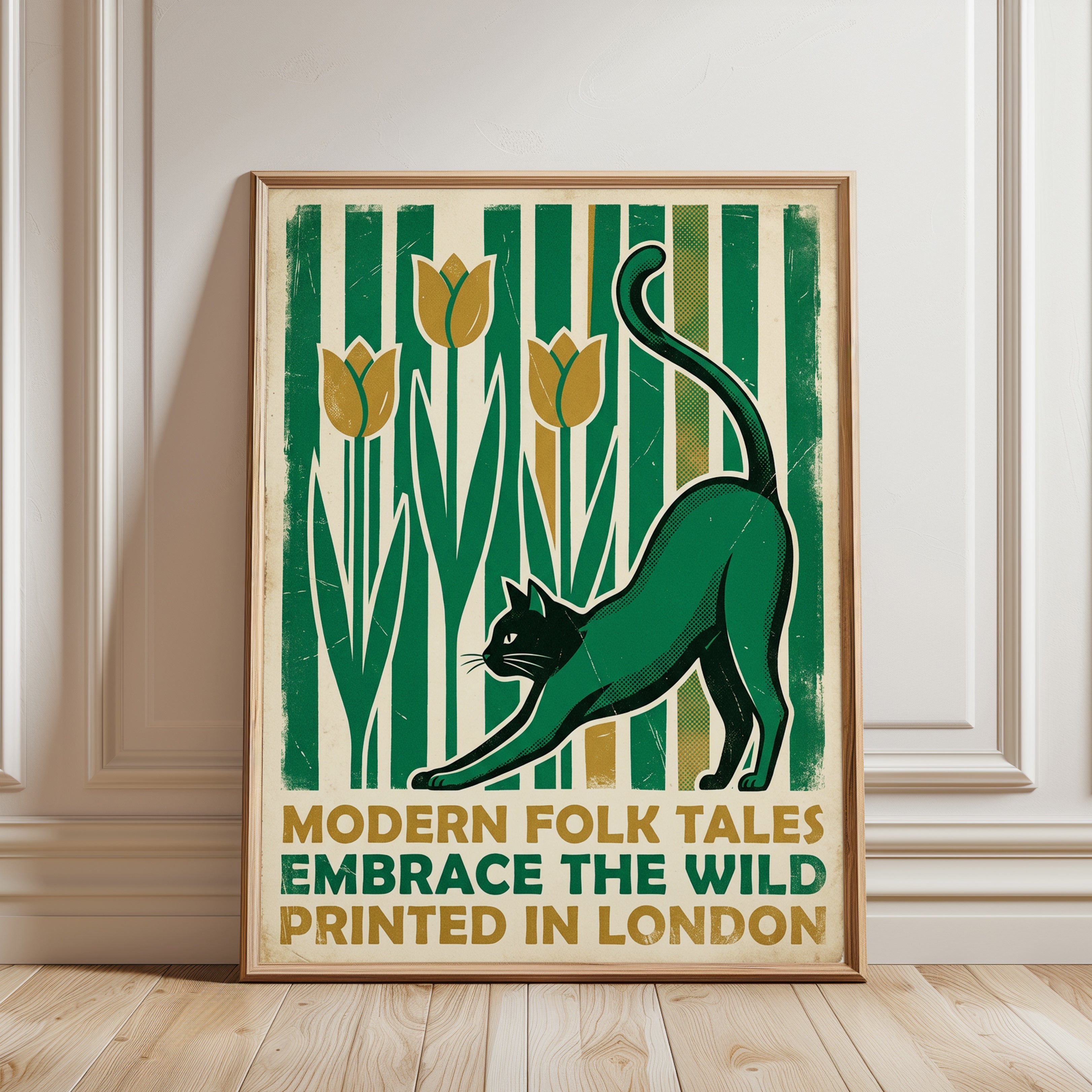 Art Deco Cat and Tulips Print: Green and Gold Vintage Design - framed detail