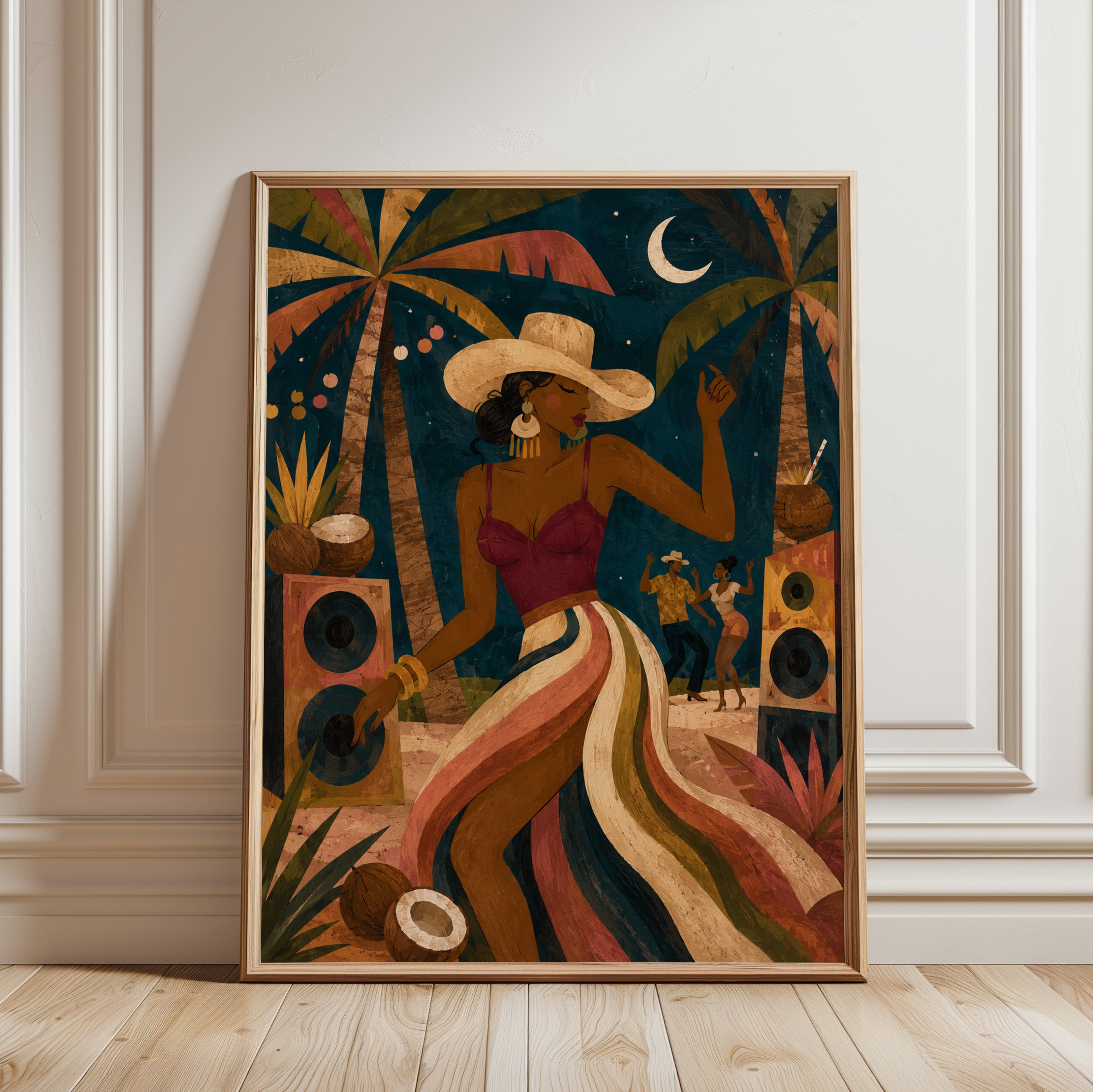 Tropical Beach Party Art Print: Retro Textured Caribbean Scene - framed detail