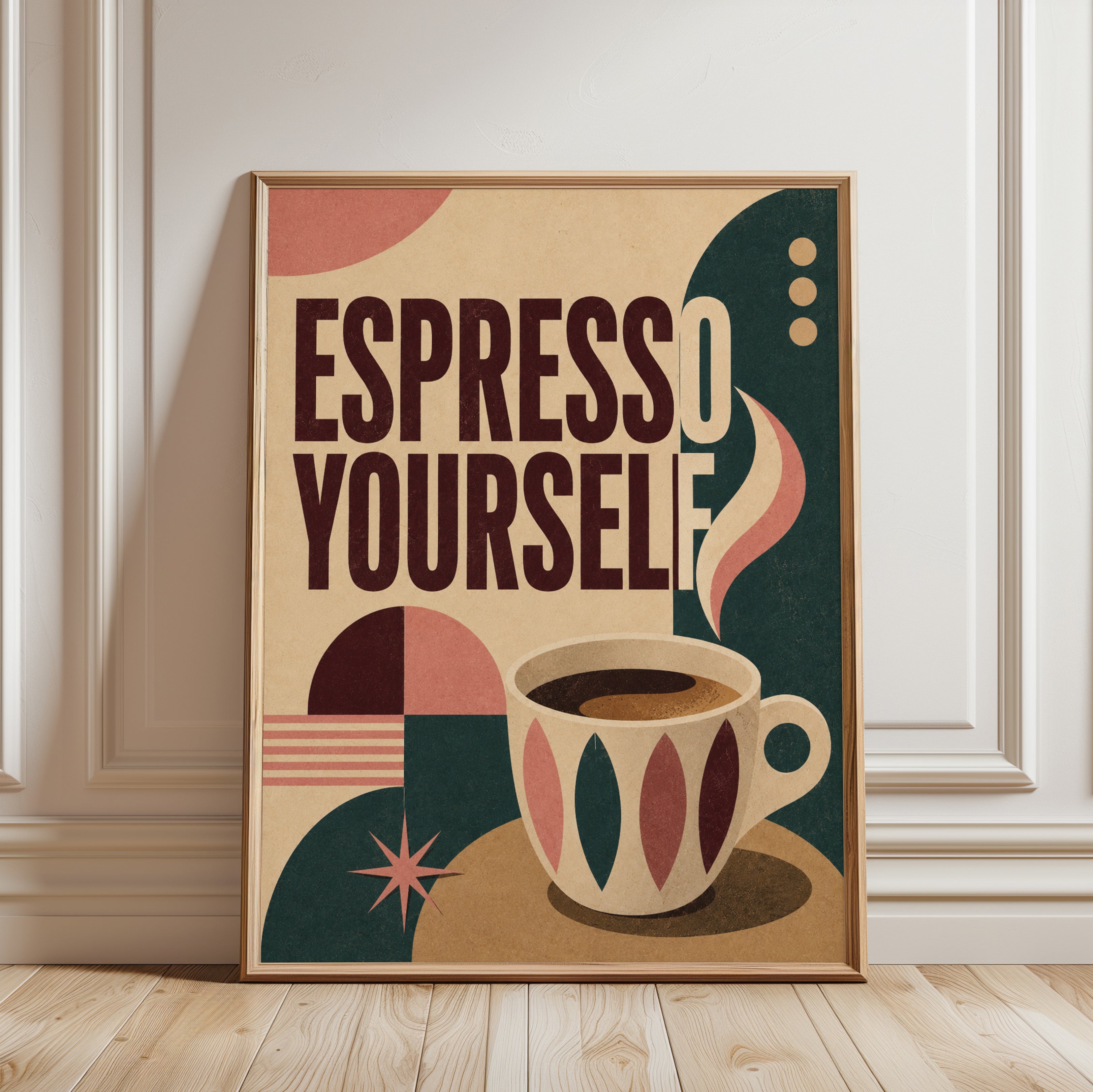 Espresso Yourself Retro Coffee Poster: Mid-Century Modern Design - framed detail