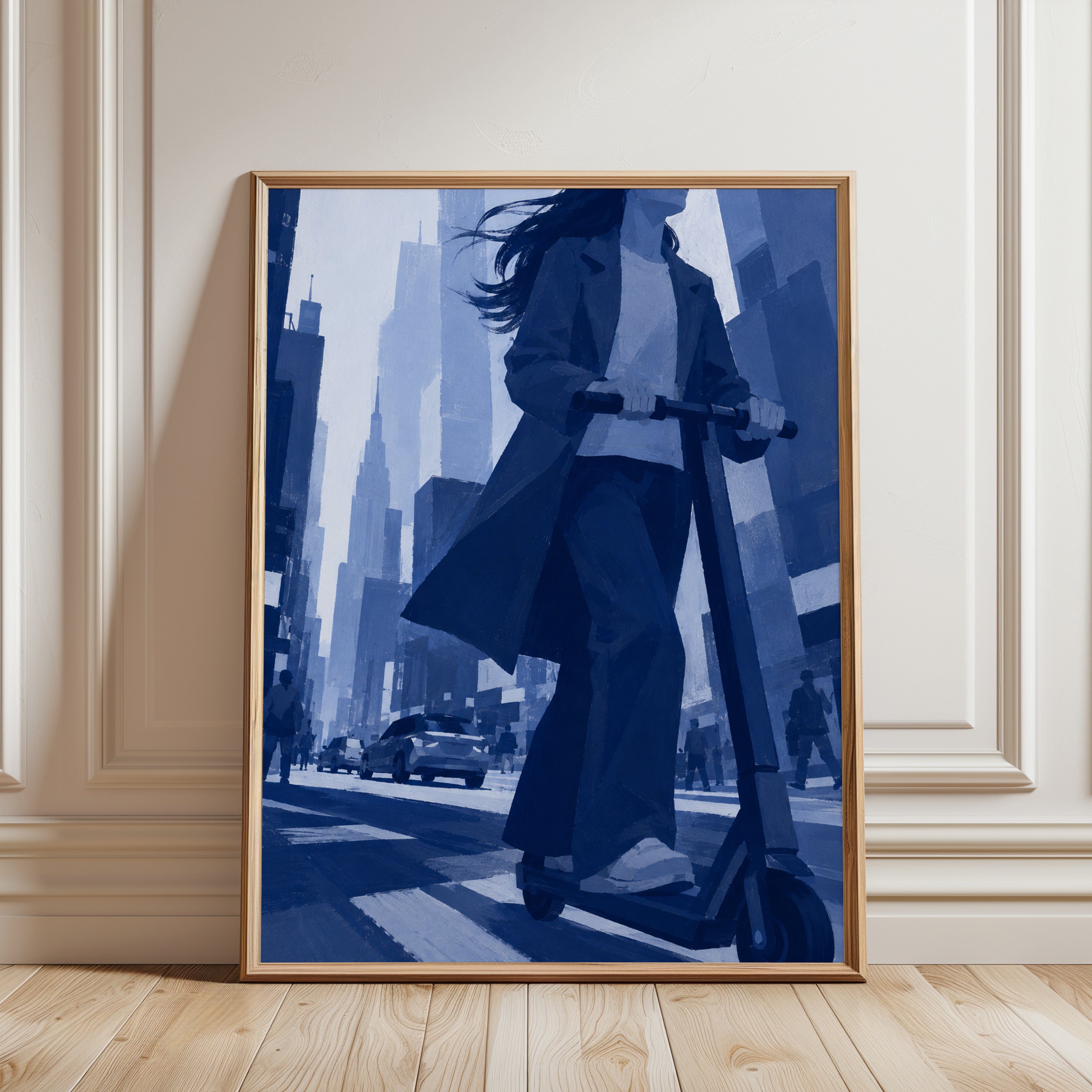 Urban Scooter Commute Art Print: Monochromatic Blue Cityscape - framed detail