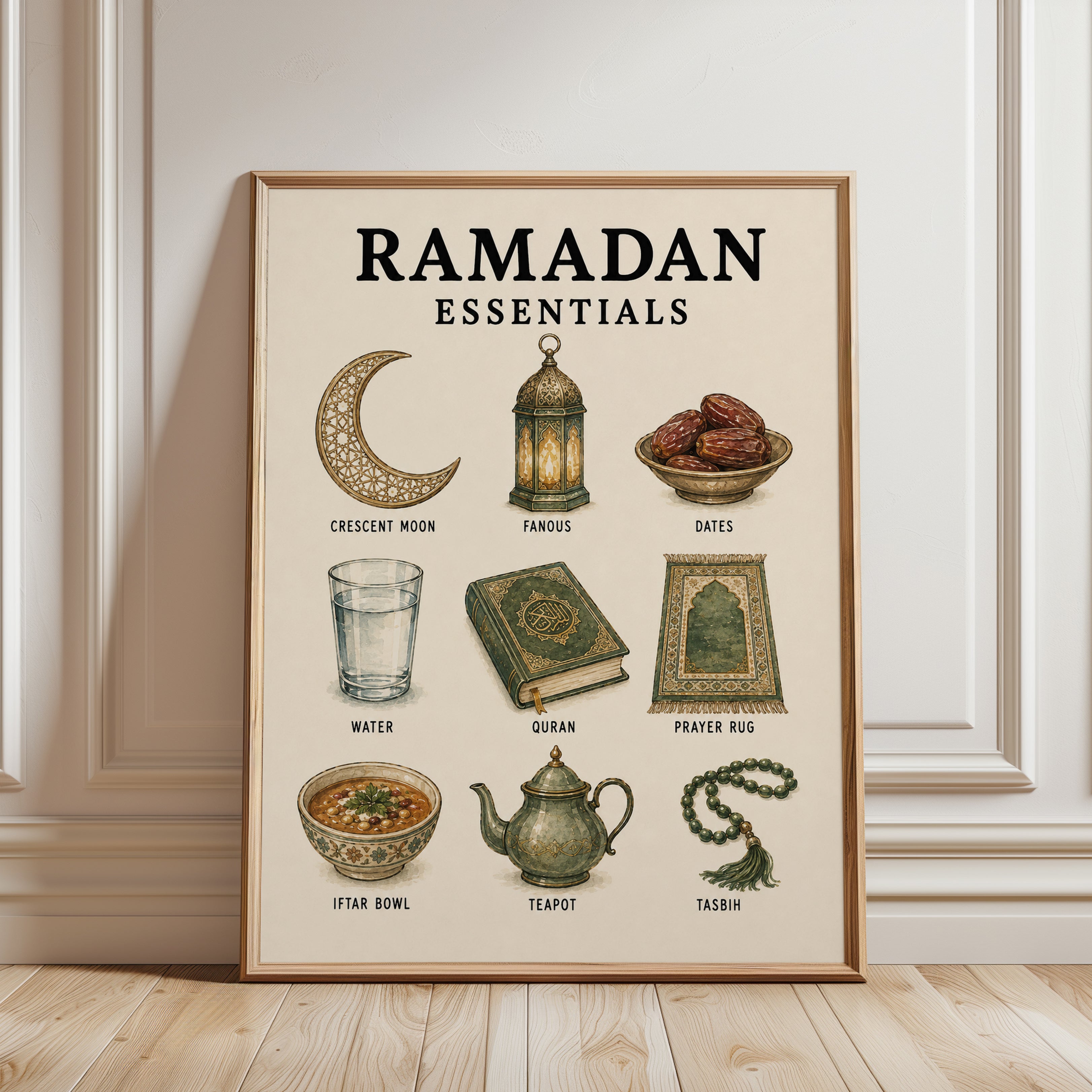 Ramadan Essentials Print: Islamic Wall Art with Vintage Style - framed detail
